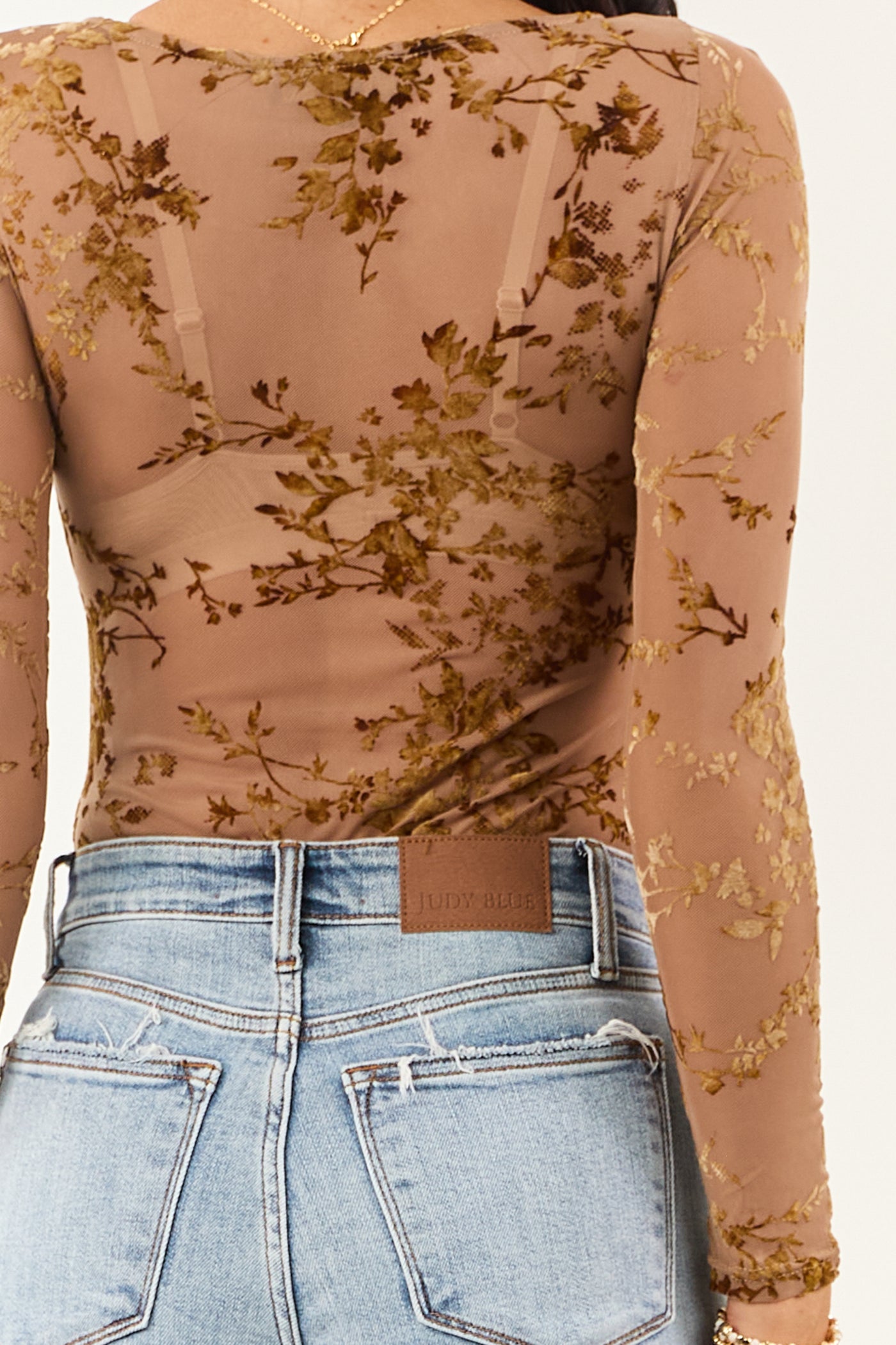Rose Taupe Floral Velvet Burnout Mesh Bodysuit