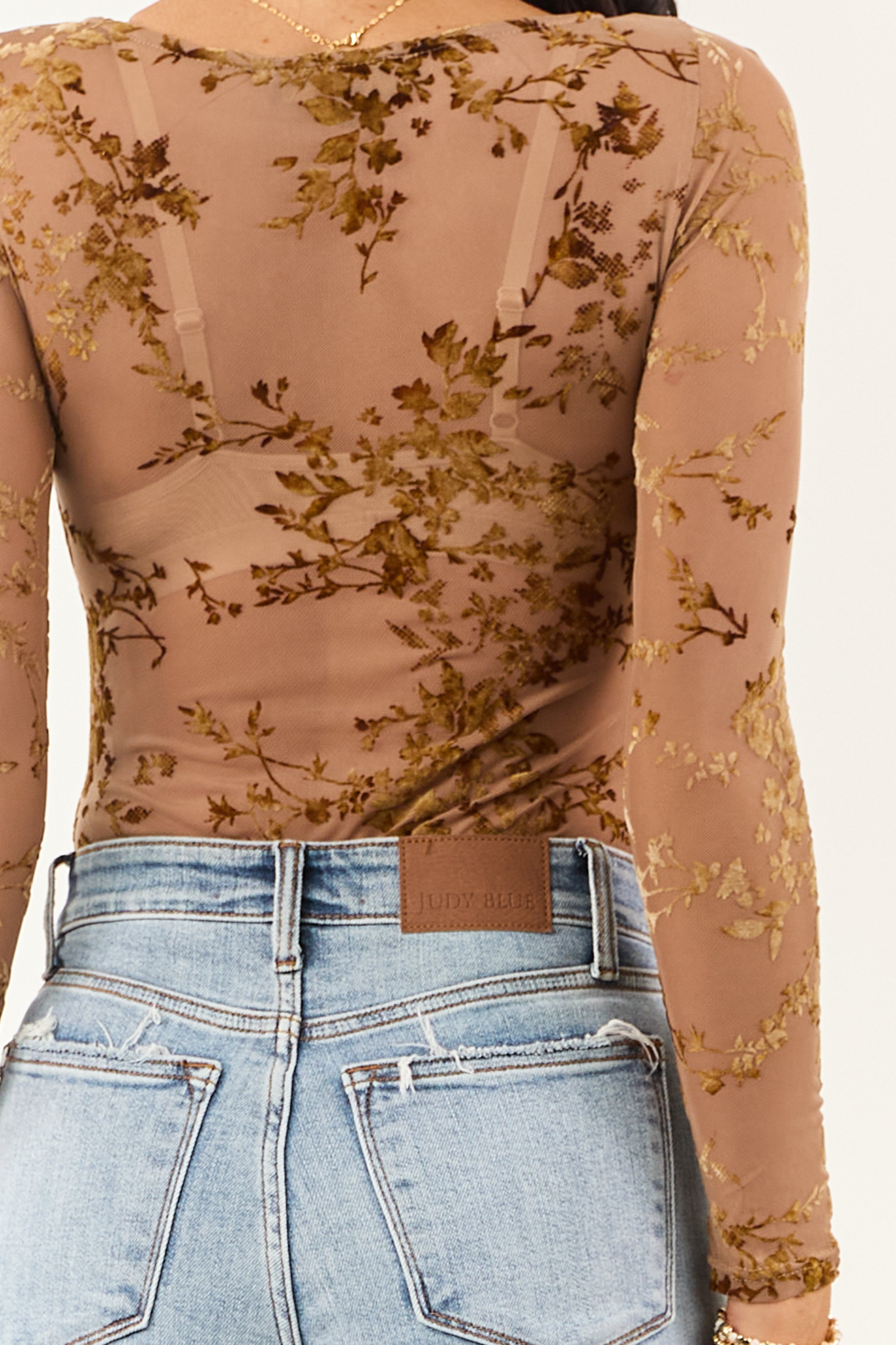 Rose Taupe Floral Velvet Burnout Mesh Bodysuit
