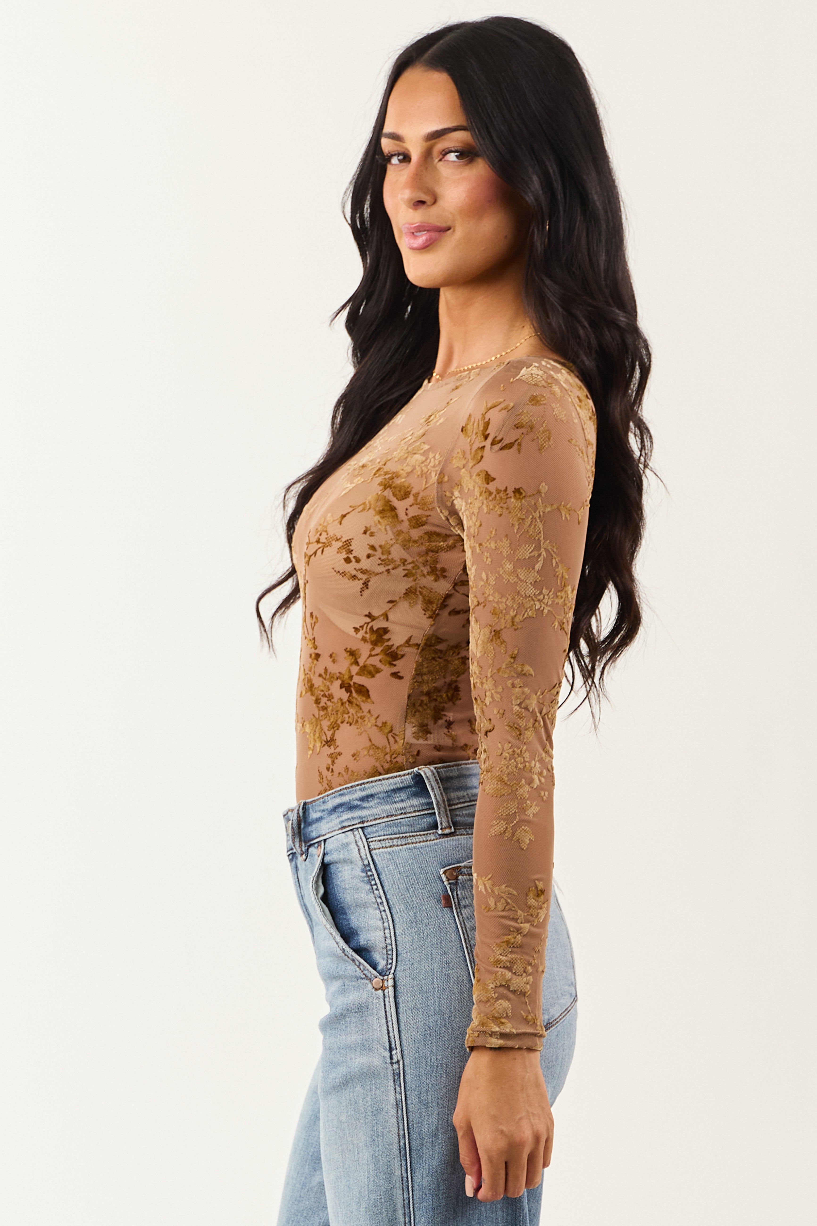 Rose Taupe Floral Velvet Burnout Mesh Bodysuit