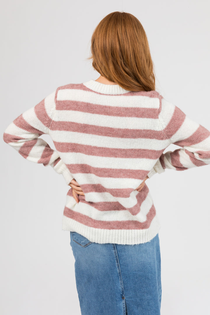 Rose Taupe Striped Fuzzy Knit Sweater