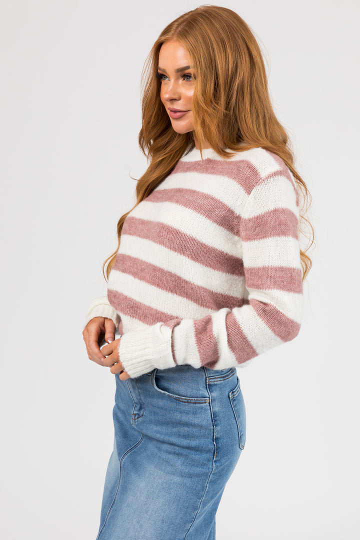 Rose Taupe Striped Fuzzy Knit Sweater