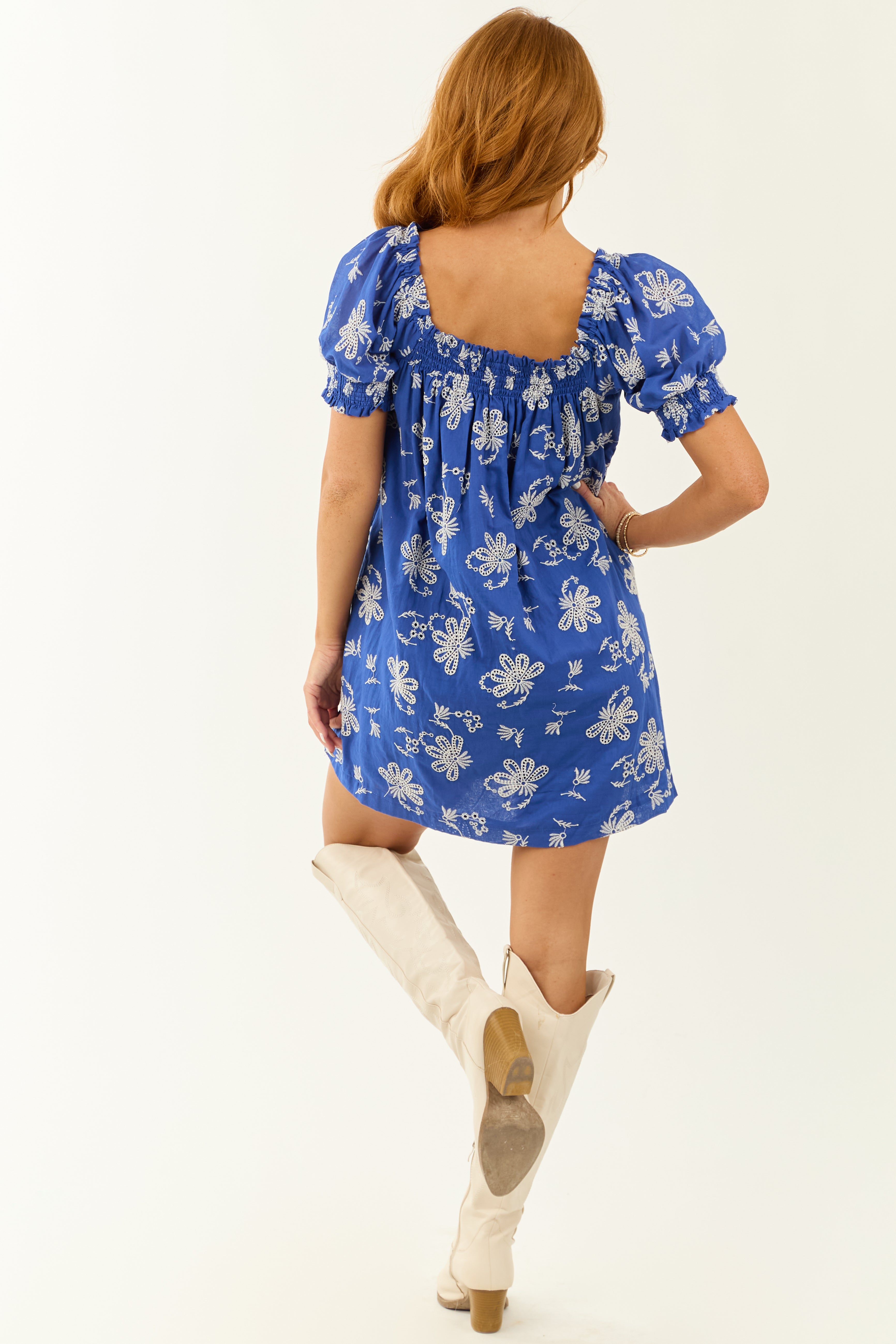 Royal Blue Floral Embroidered Puff Sleeve Mini Dress
