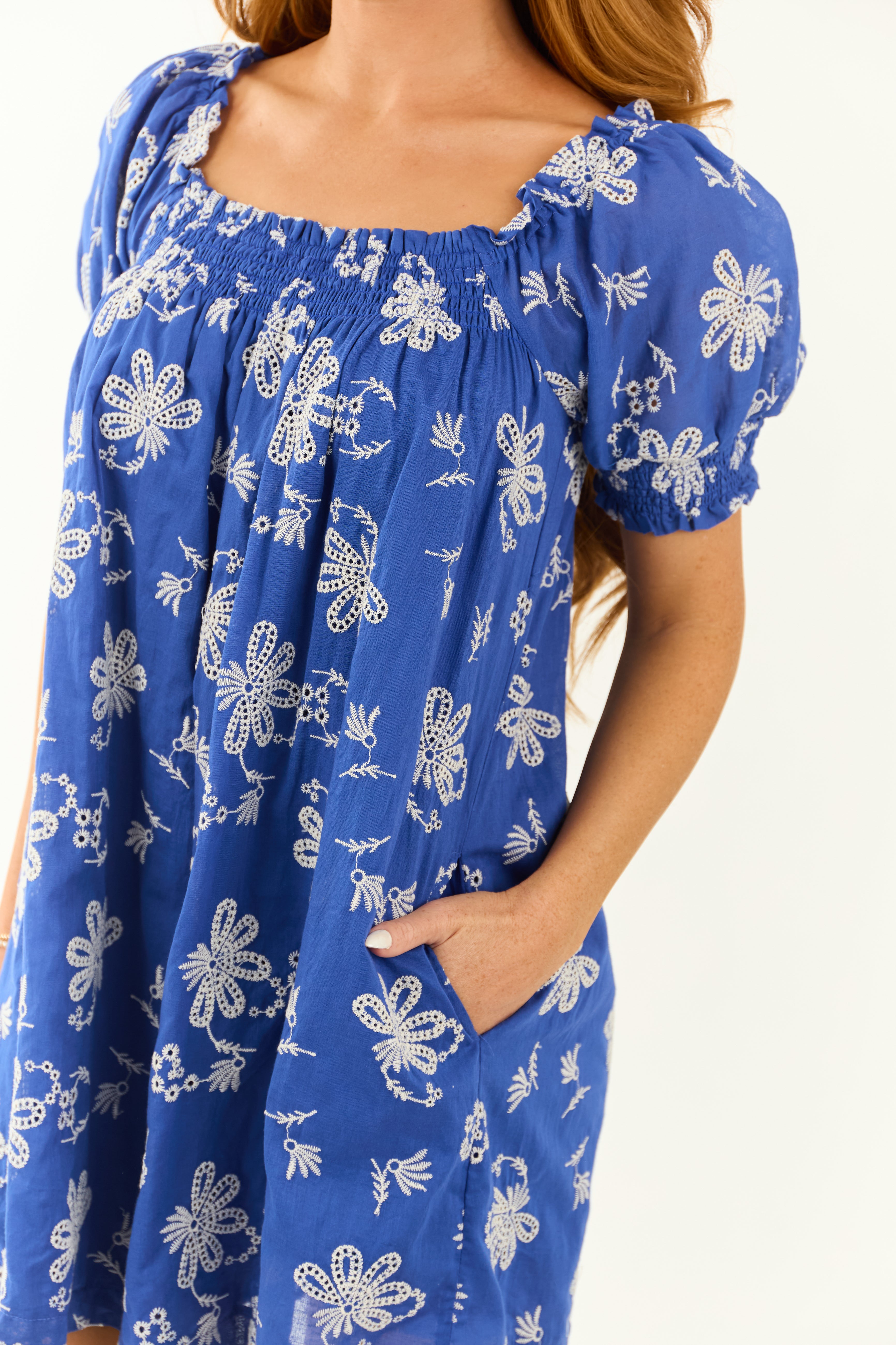 Royal Blue Floral Embroidered Puff Sleeve Mini Dress