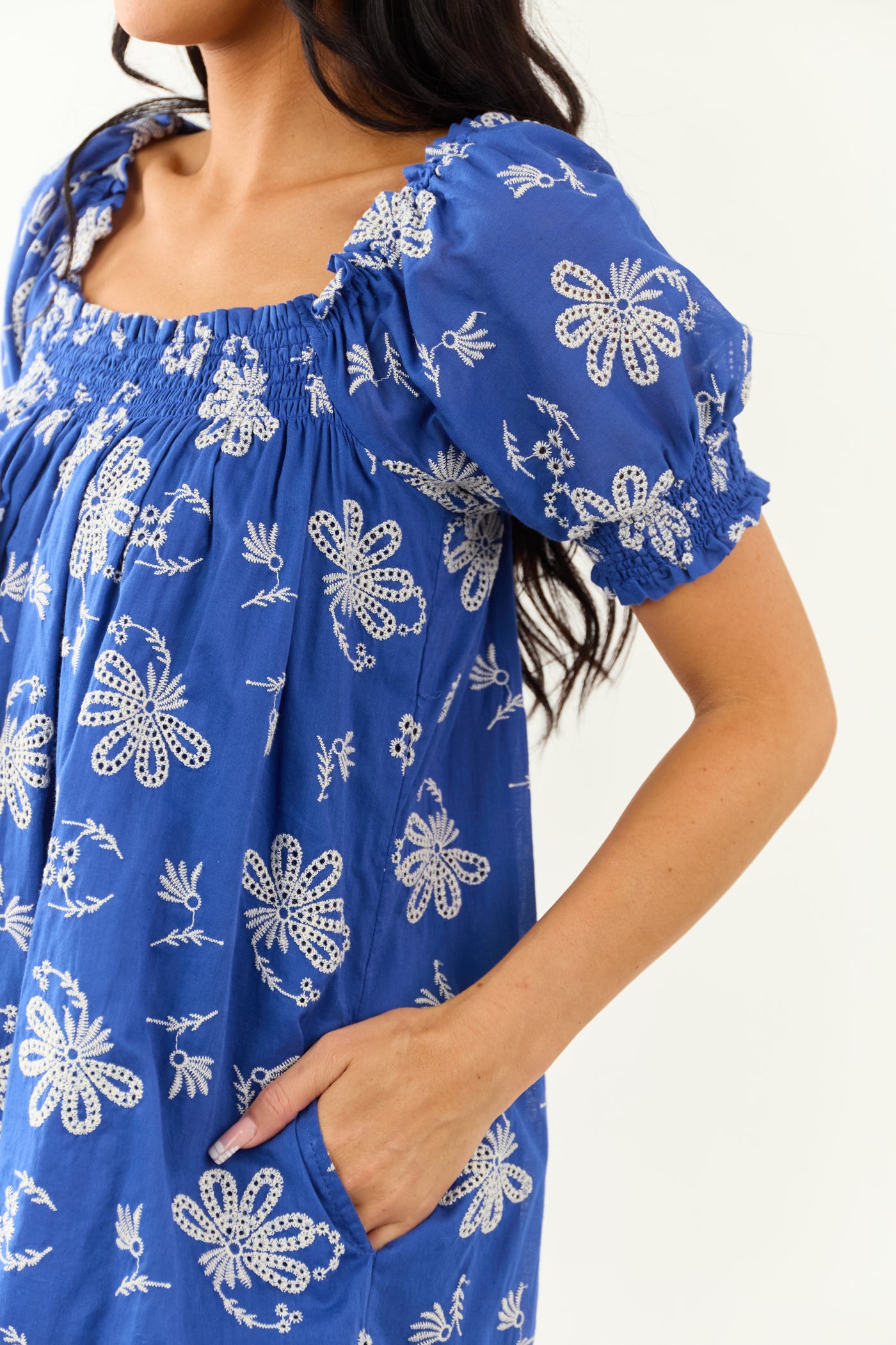 Royal Blue Floral Embroidered Puff Sleeve Mini Dress Royal Blue Floral Embroidered Puff Sleeve Mini Dress