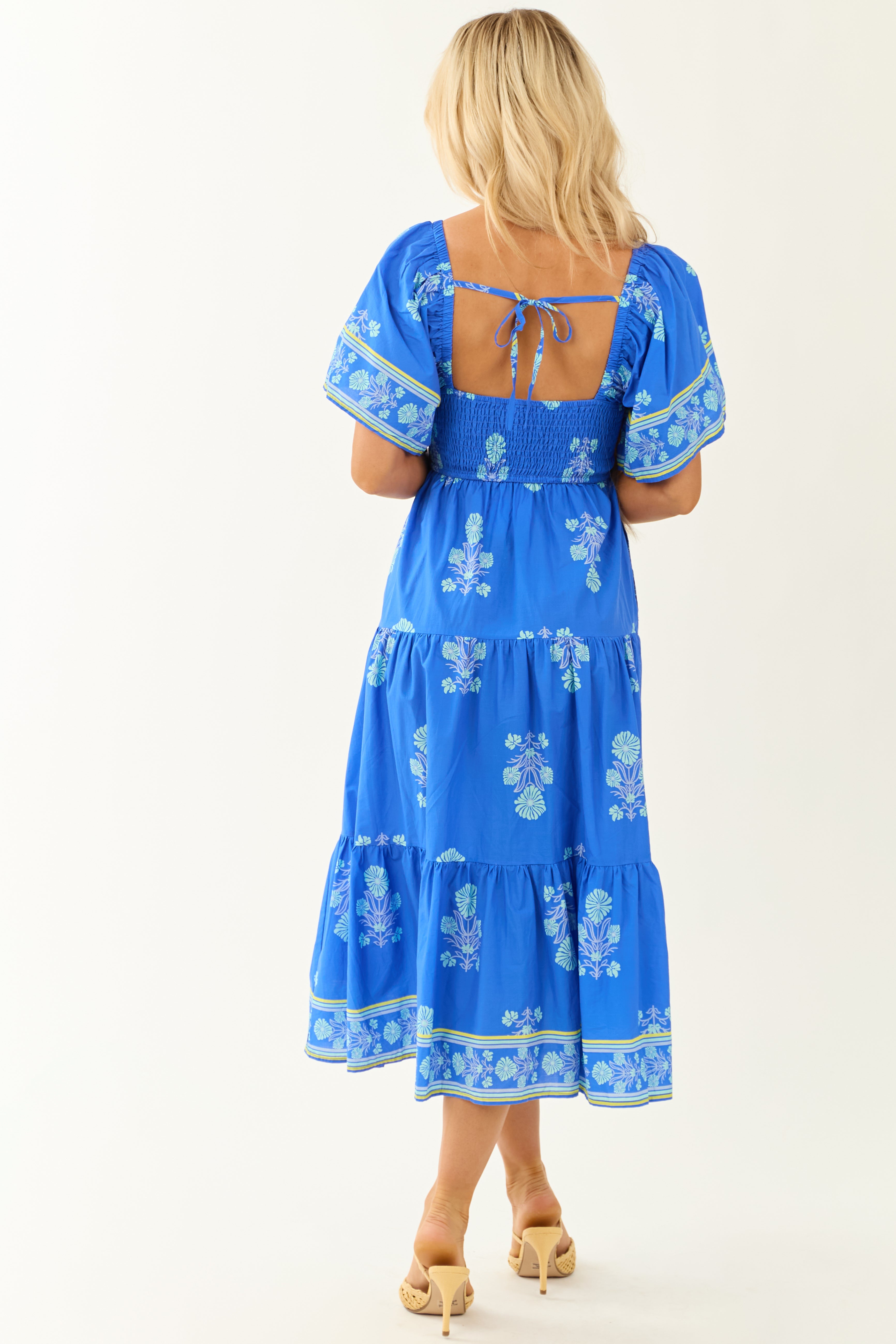 Royal Blue Floral Print Short Sleeve Midi Dress