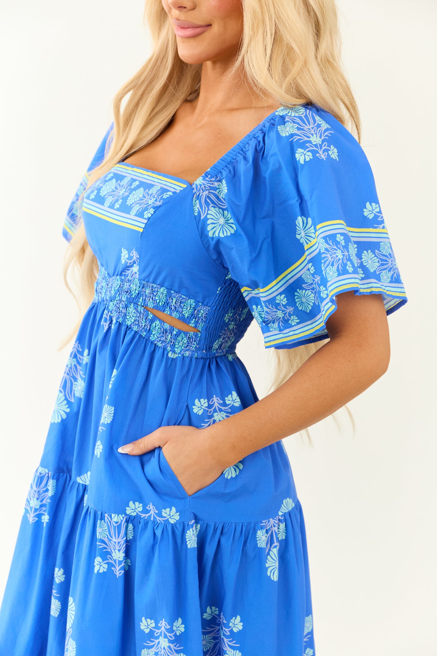 Royal Blue Floral Print Short Sleeve Midi Dress
