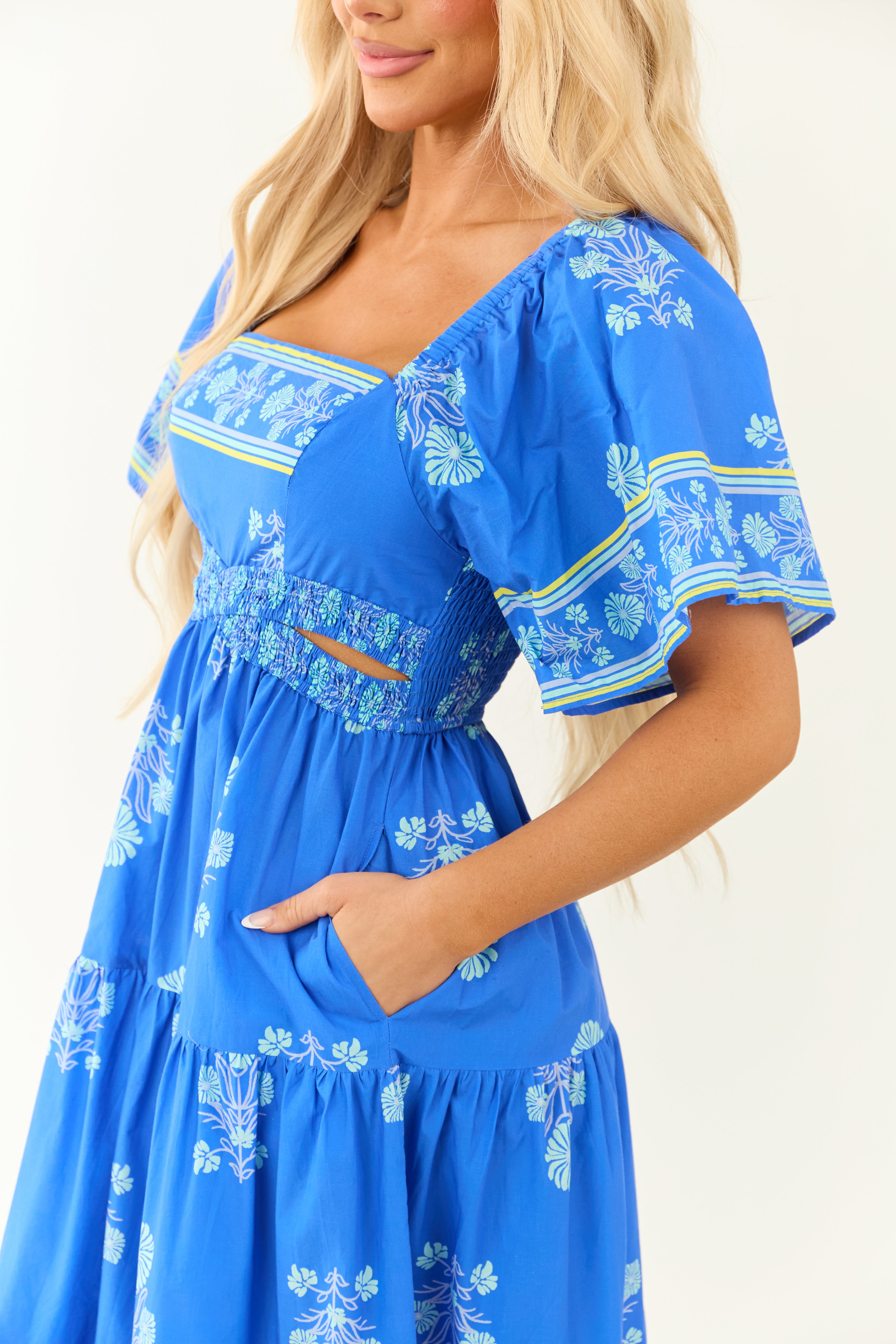 Royal Blue Floral Print Short Sleeve Midi Dress
