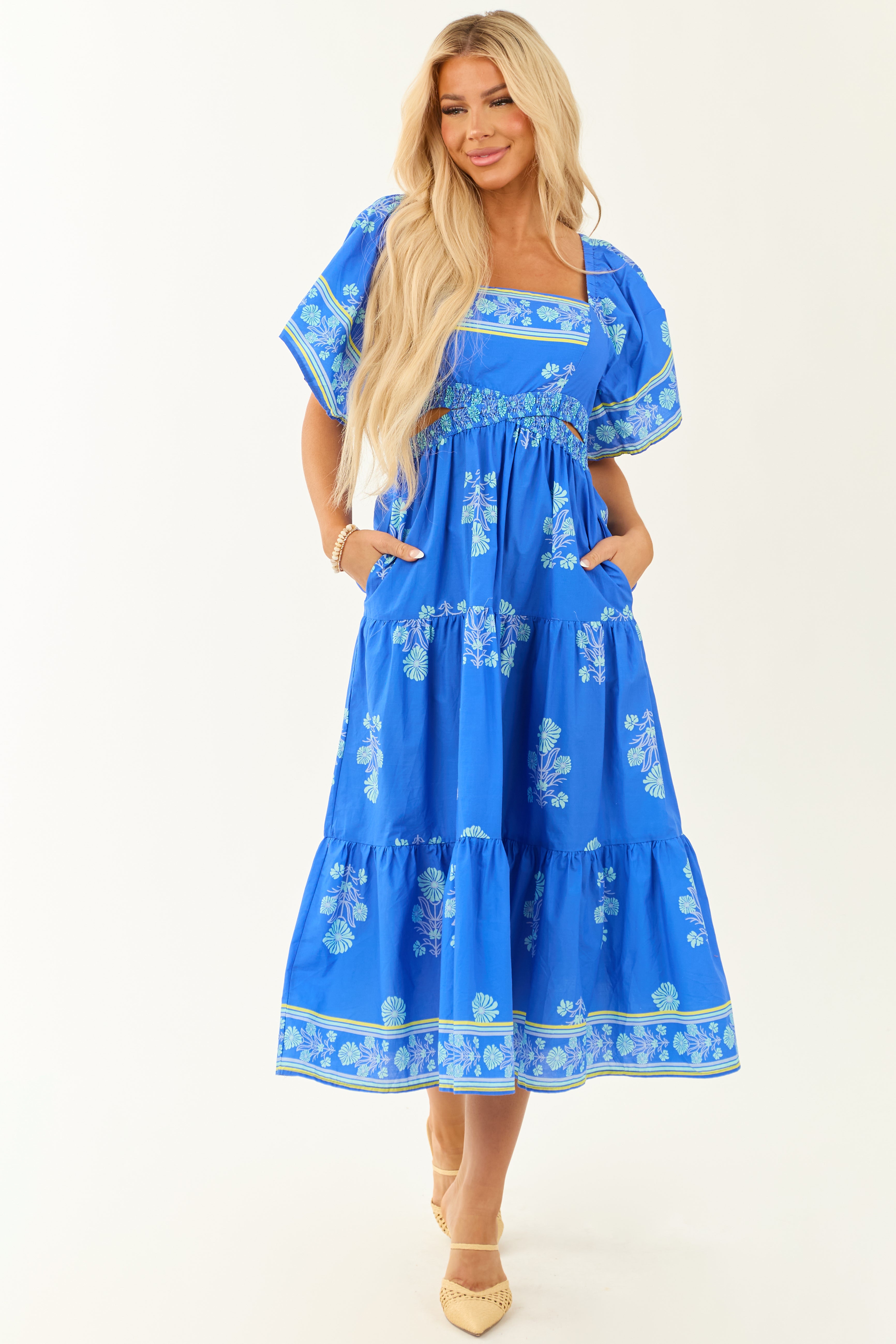 Royal Blue Floral Print Short Sleeve Midi Dress