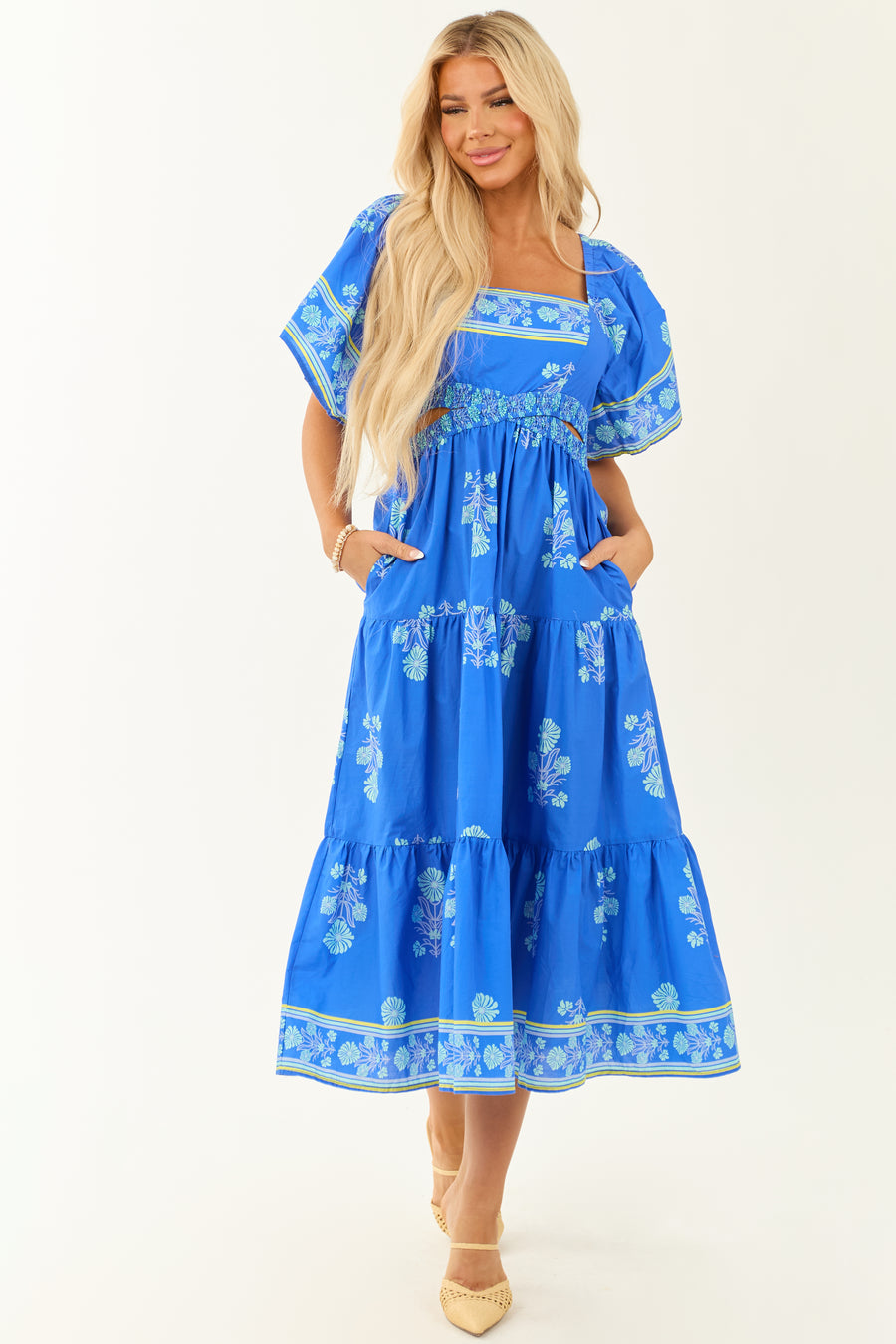 Royal Blue Floral Print Short Sleeve Midi Dress