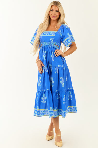 Royal Blue Floral Print Short Sleeve Midi Dress