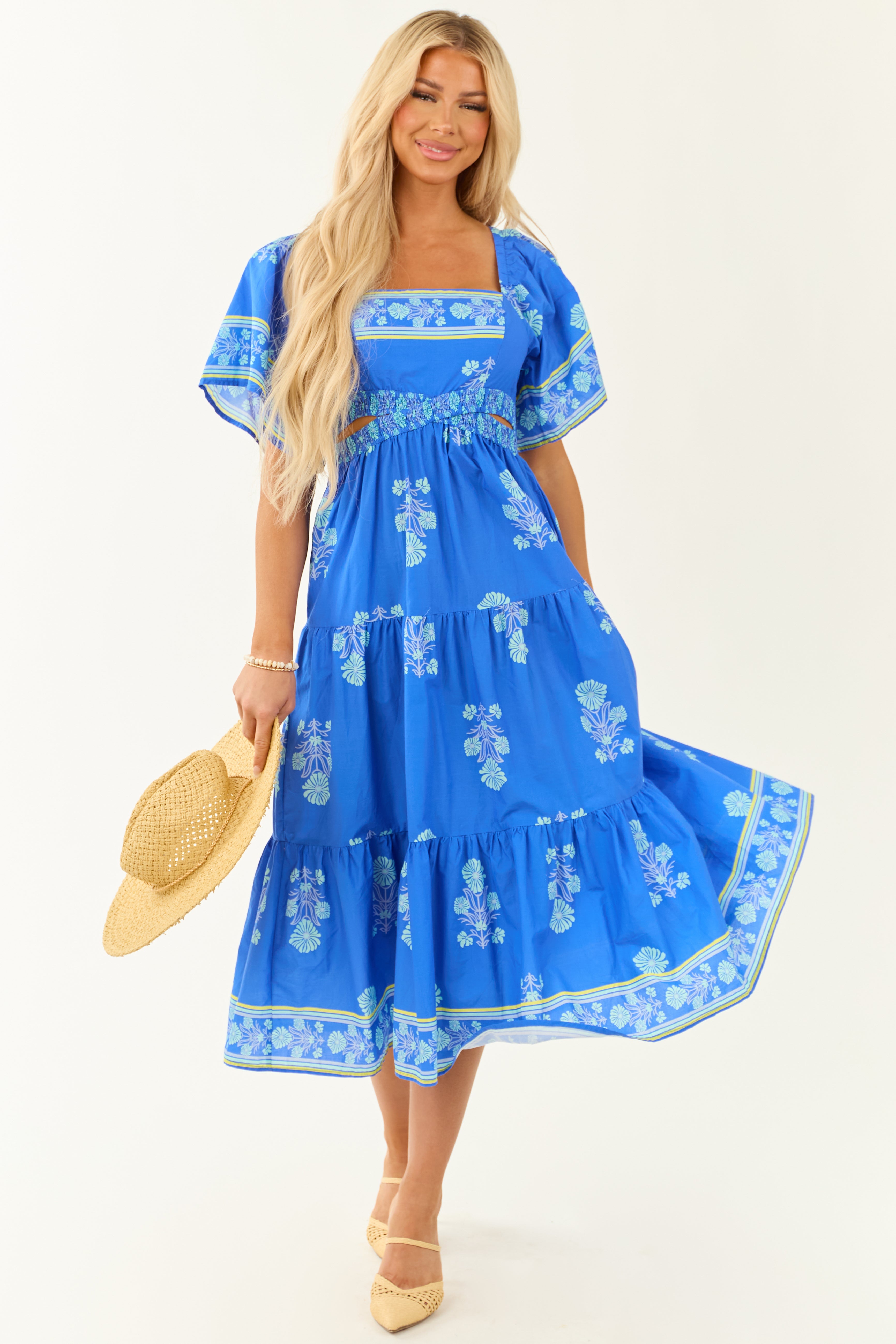 Royal Blue Floral Print Short Sleeve Midi Dress