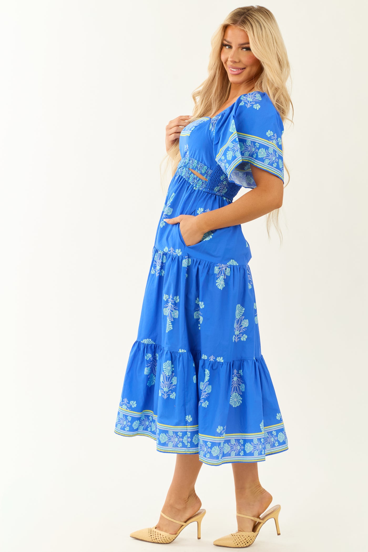 Royal Blue Floral Print Short Sleeve Midi Dress