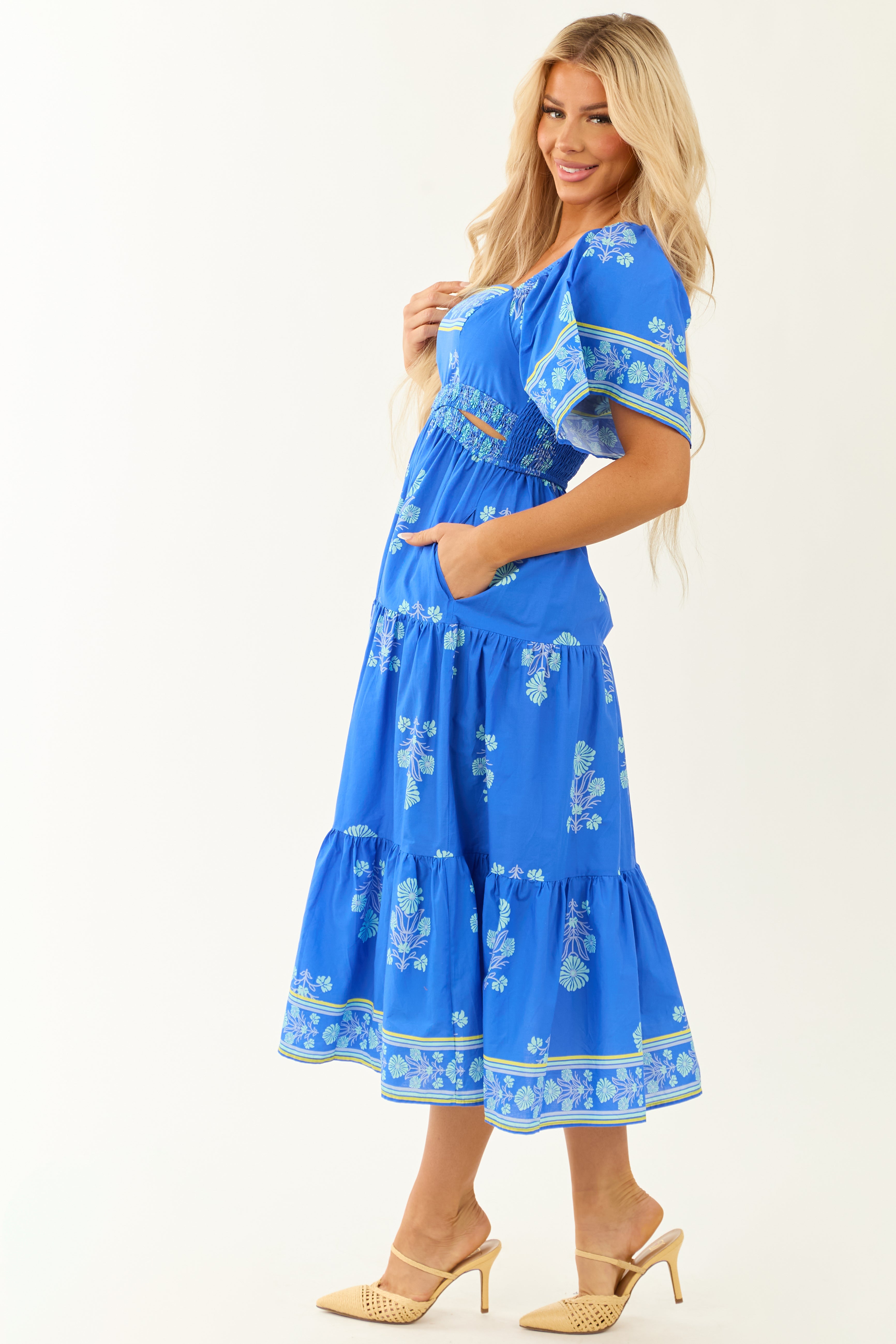 Royal Blue Floral Print Short Sleeve Midi Dress