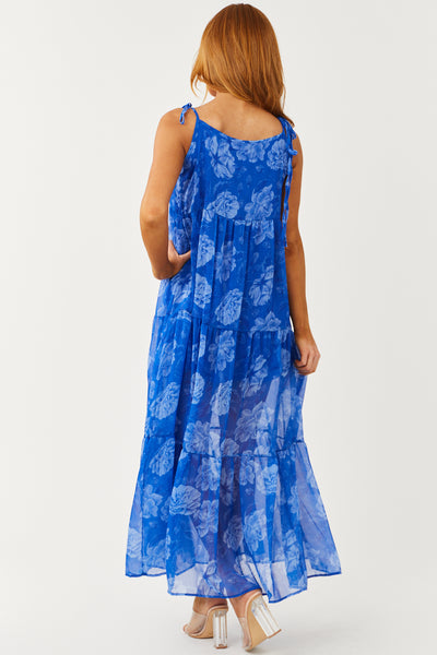 Royal Blue Floral Print Sleeveless Maxi Dress