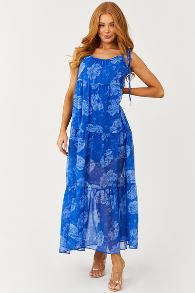 Royal Blue Floral Print Sleeveless Maxi Dress