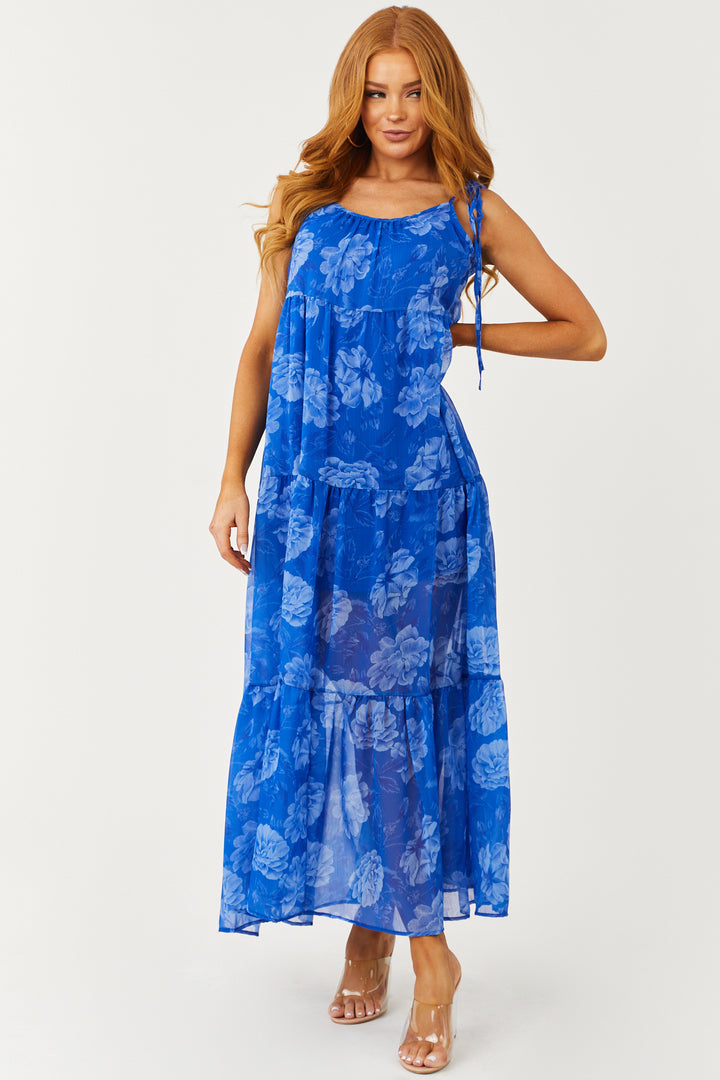 Royal Blue Floral Print Sleeveless Maxi Dress