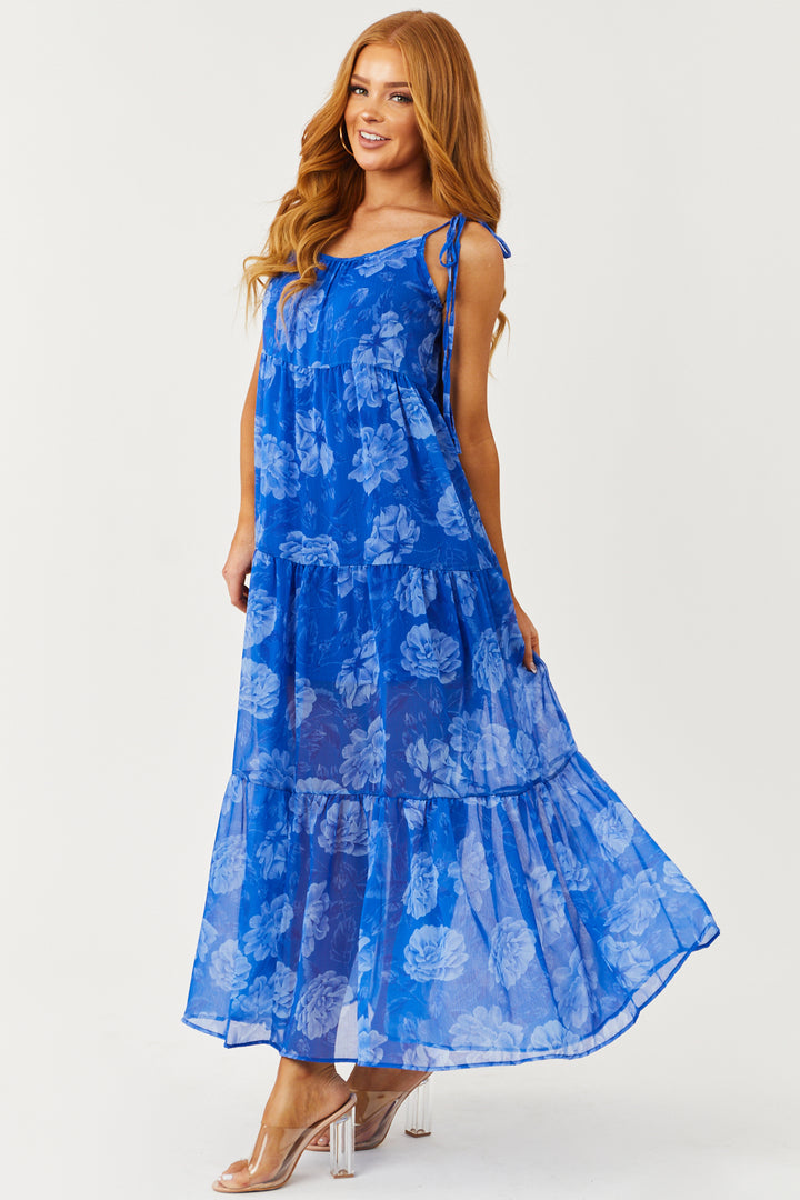 Royal Blue Floral Print Sleeveless Maxi Dress