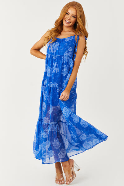Royal Blue Floral Print Sleeveless Maxi DressRoyal Blue Floral Print Sleeveless Maxi Dress