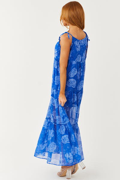 Royal Blue Floral Print Sleeveless Maxi Dress