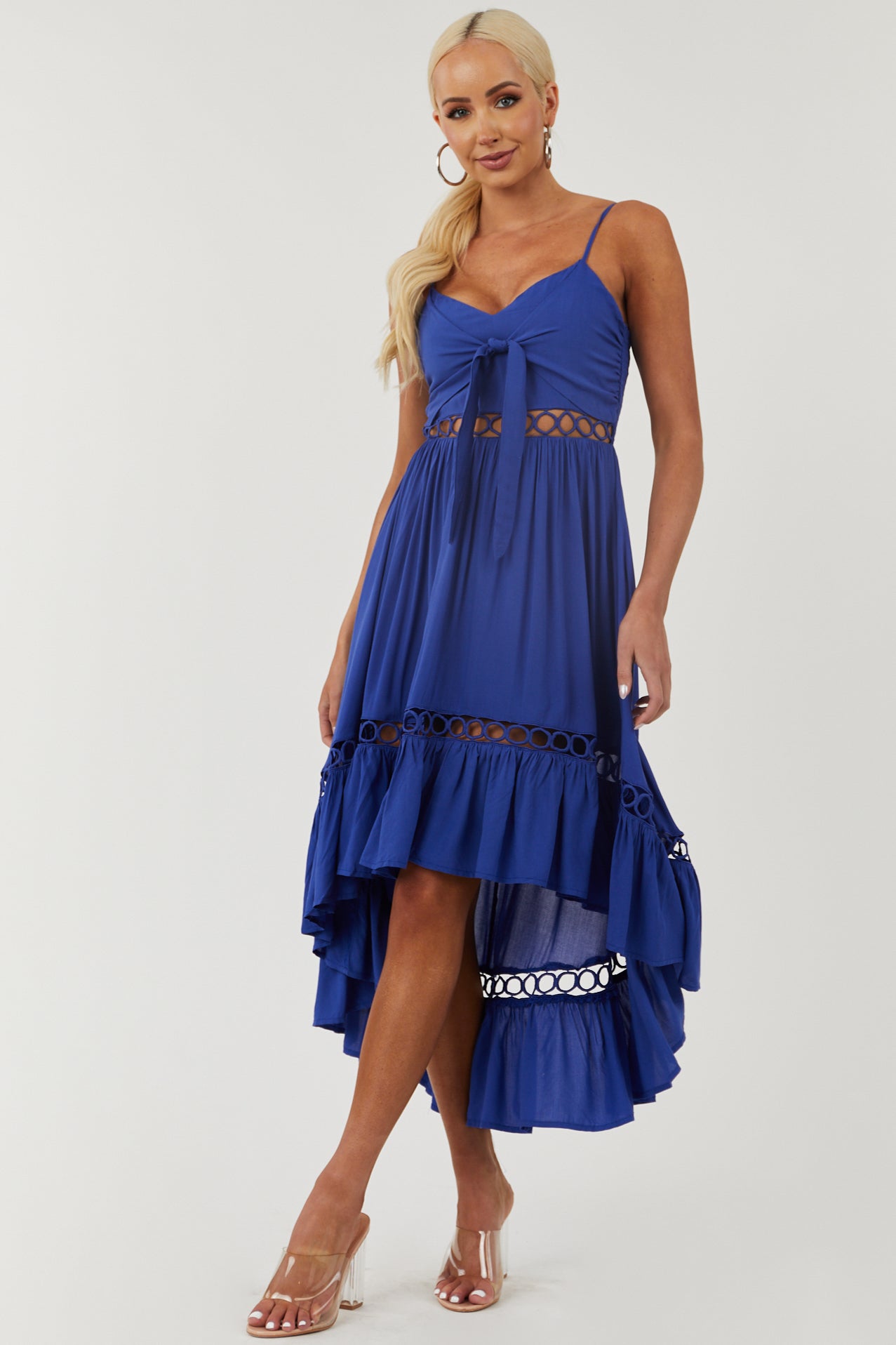 Royal Blue High Low Midi Dress with Tie and Peekaboo Details