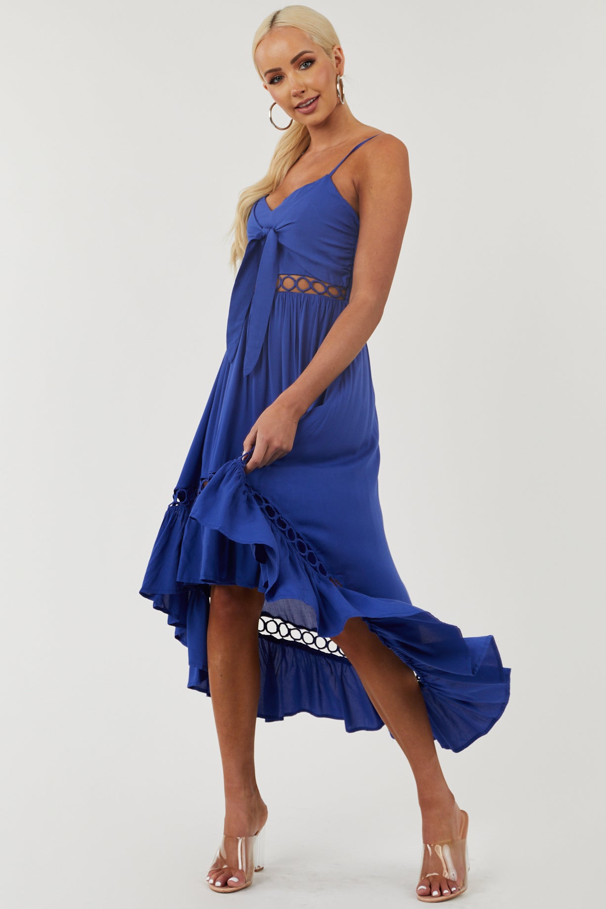 Royal Blue High Low Midi Dress with Tie and Peekaboo Details
