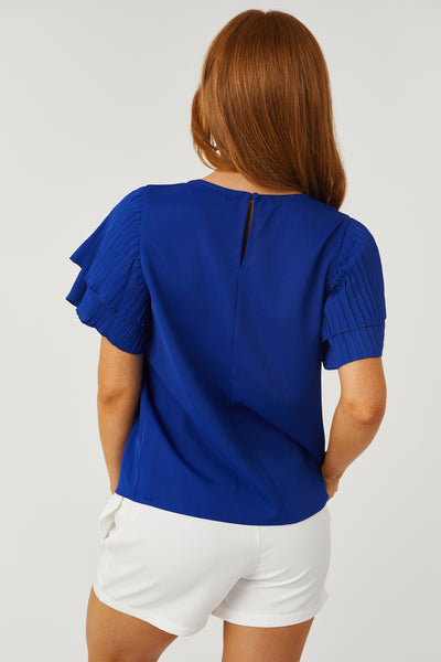 Royal Blue Pleated Sleeve Woven Top