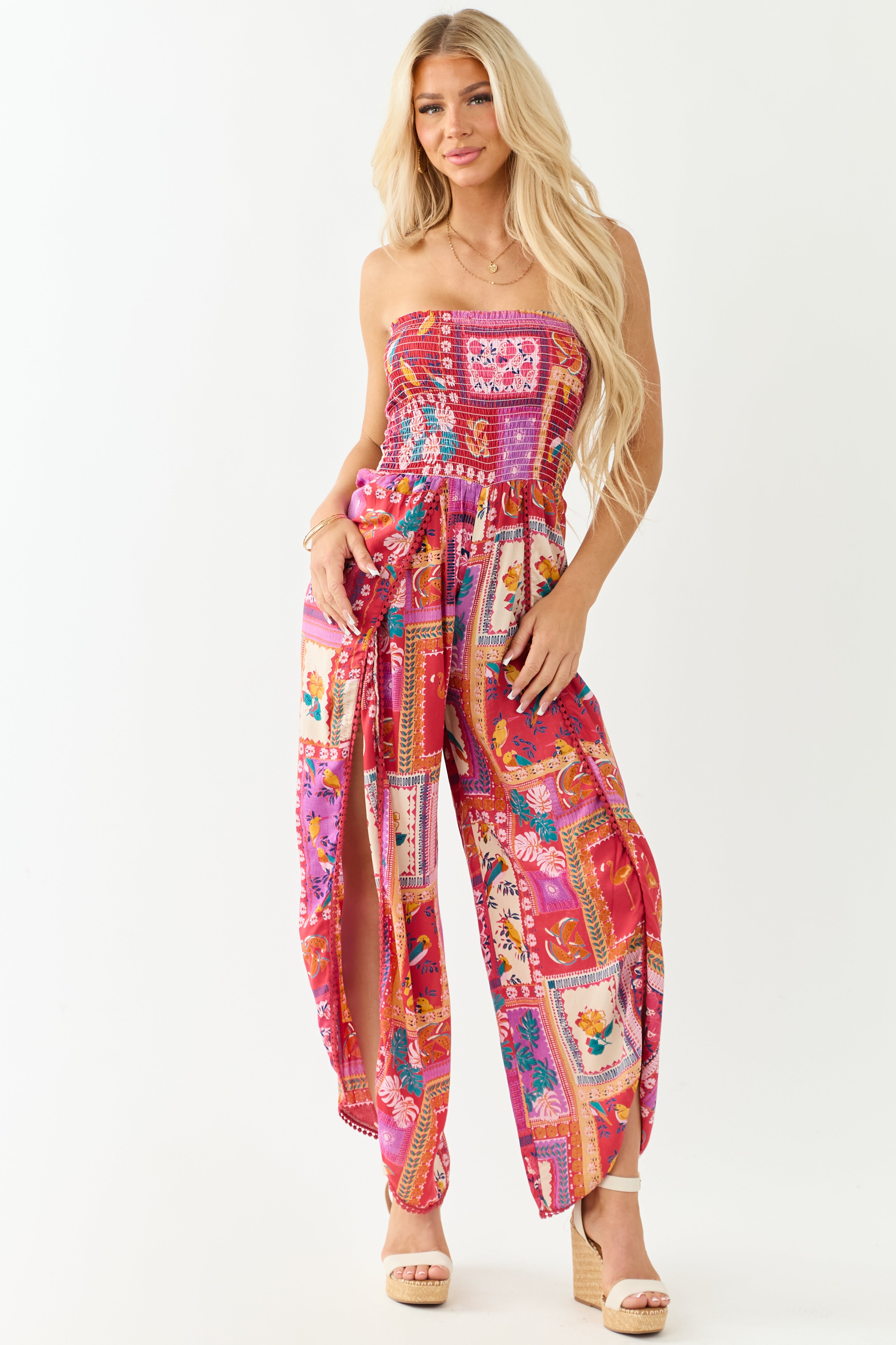 Ruby Abstract Print Strapless Side Slit Jumpsuit | Lime Lush Boutique