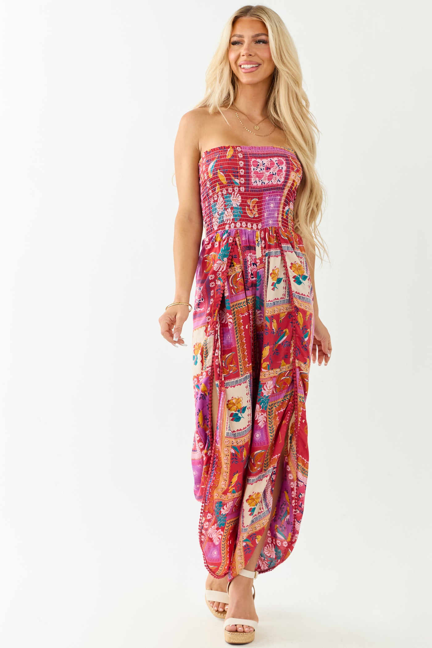 Ruby Abstract Print Strapless Side Slit Jumpsuit
