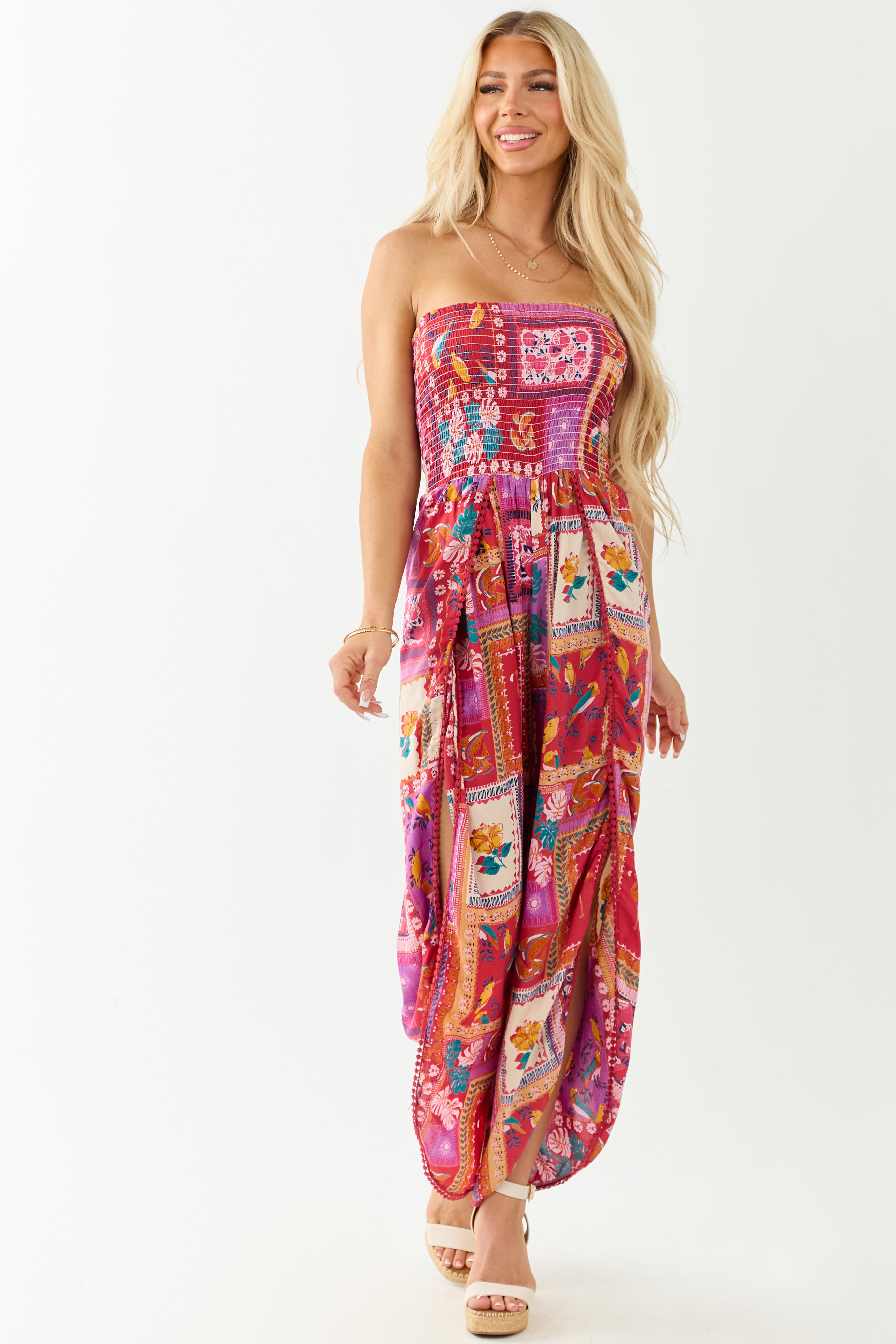 Ruby Abstract Print Strapless Side Slit Jumpsuit