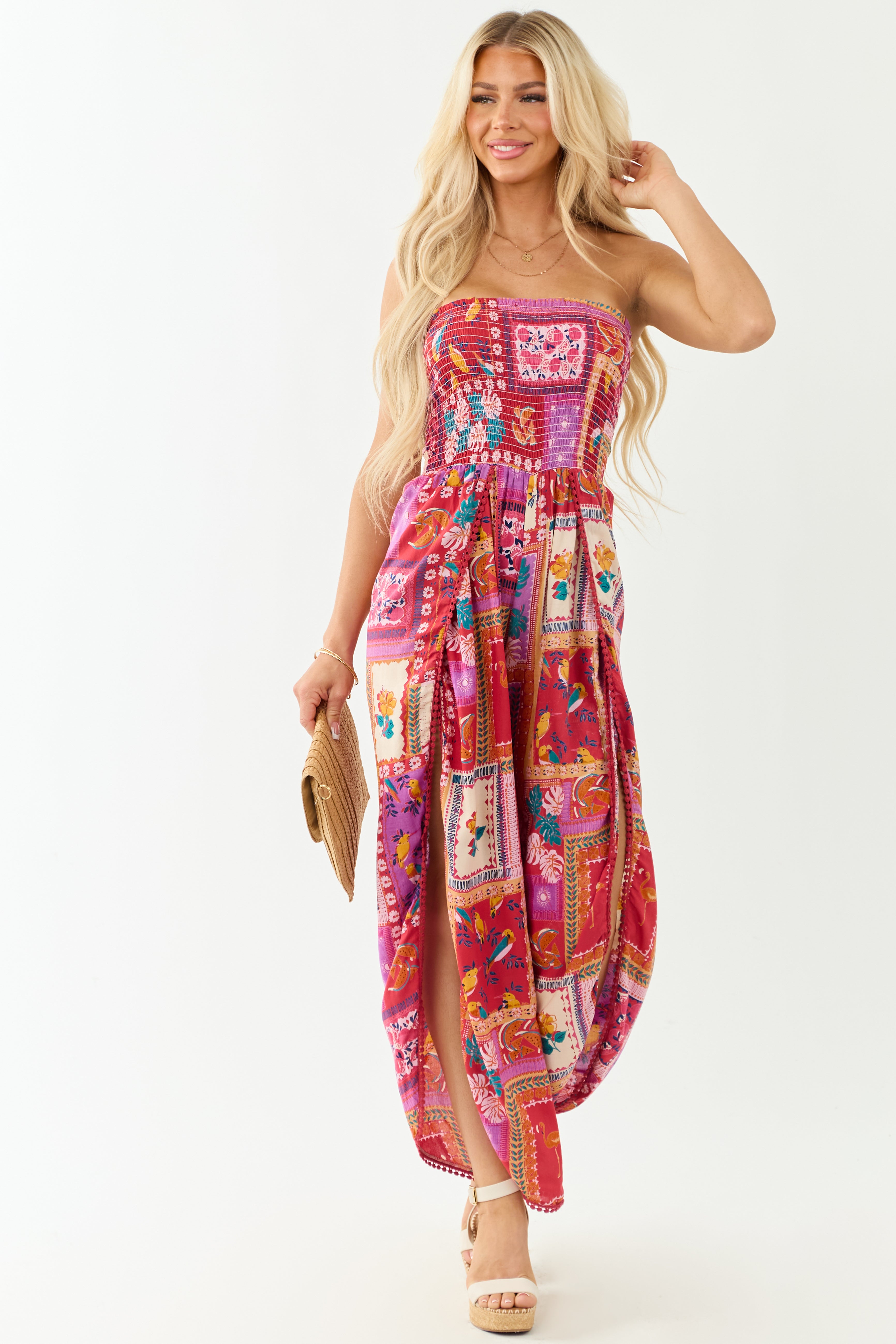 Ruby Abstract Print Strapless Side Slit Jumpsuit | Lime Lush Boutique