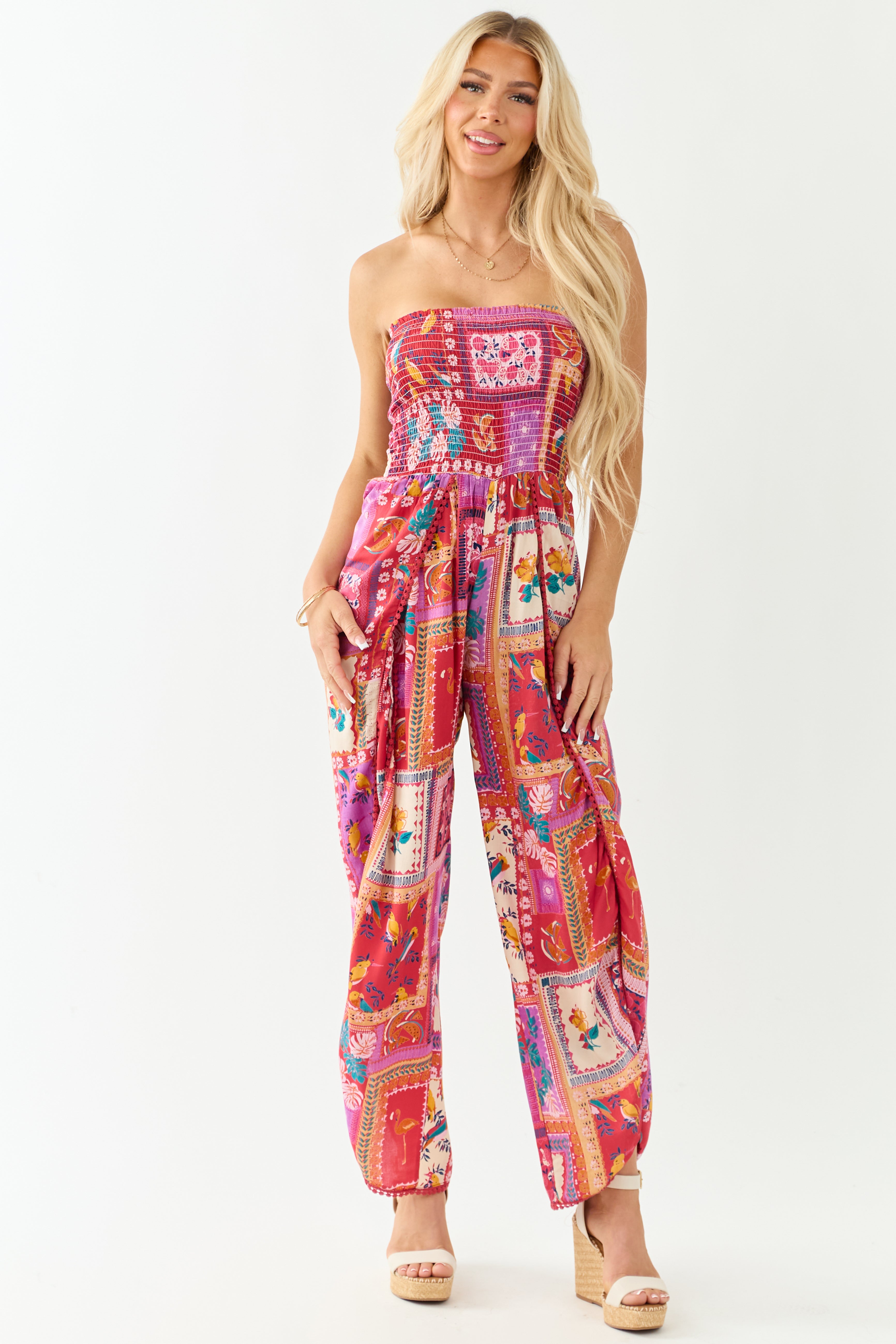 Wine Strapless Zip Up Front Jumpsuit | Lime Lush Boutique