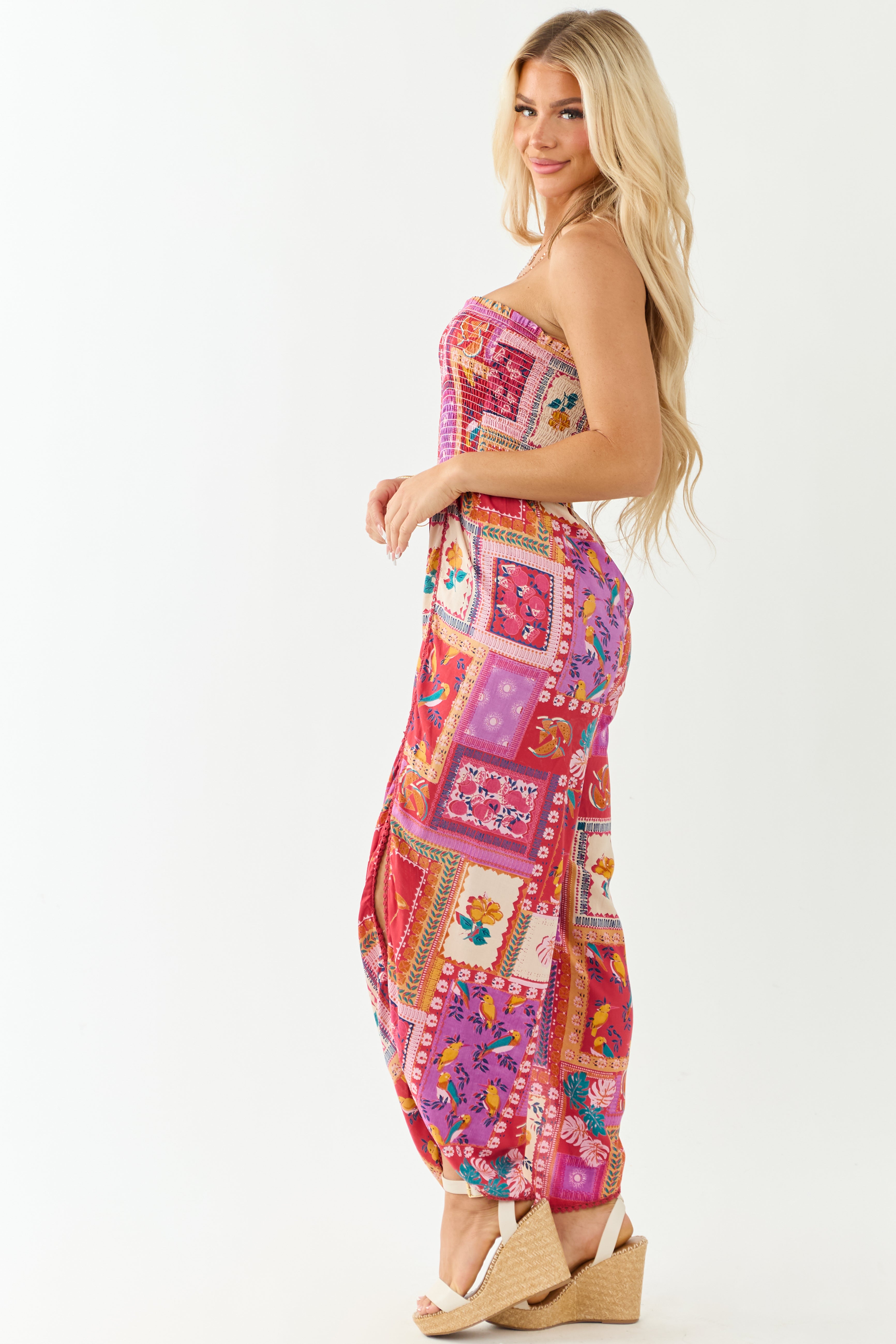 Ruby Abstract Print Strapless Side Slit Jumpsuit