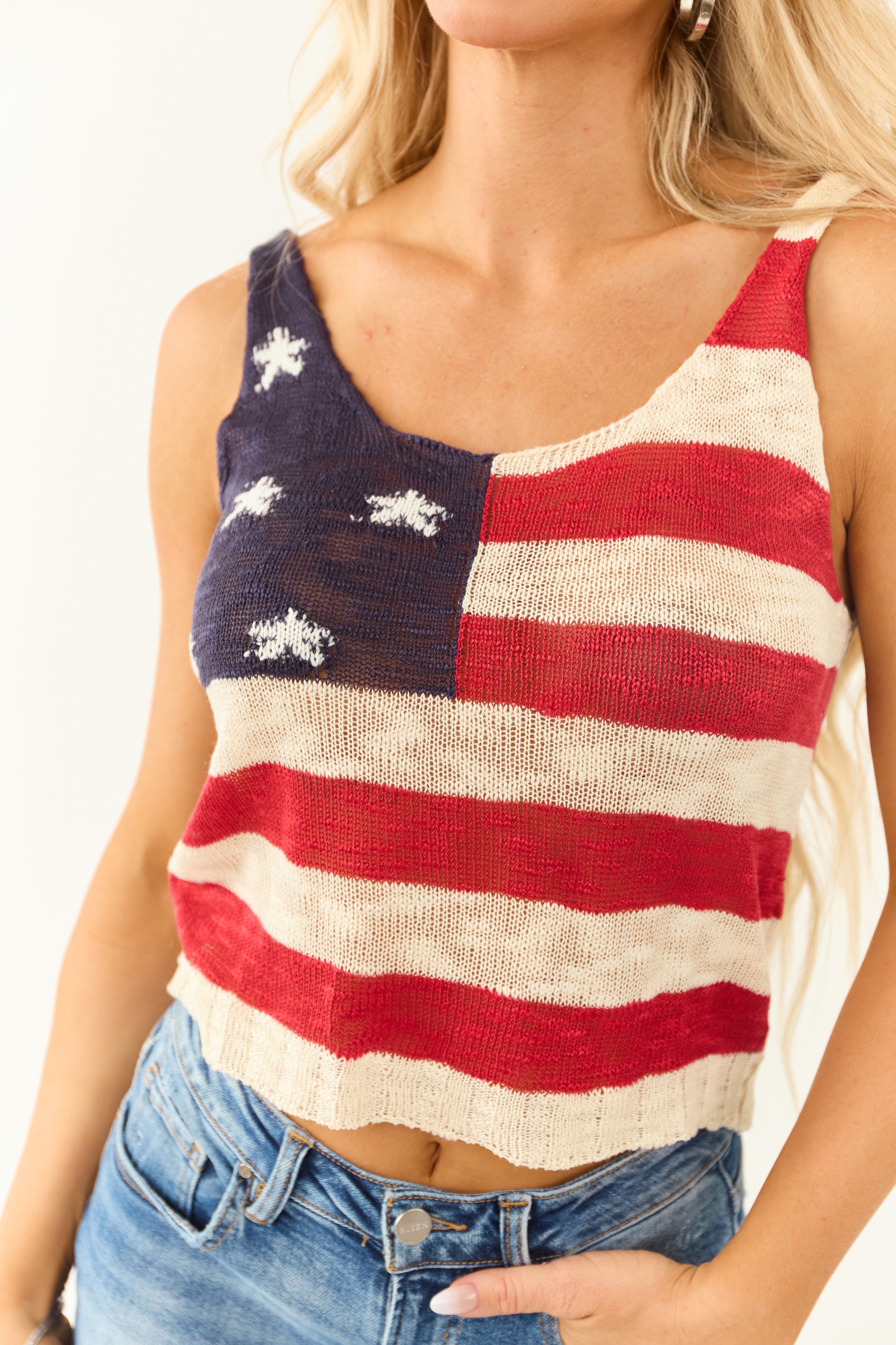 Ruby American Flag Print Open Knit Tank Top