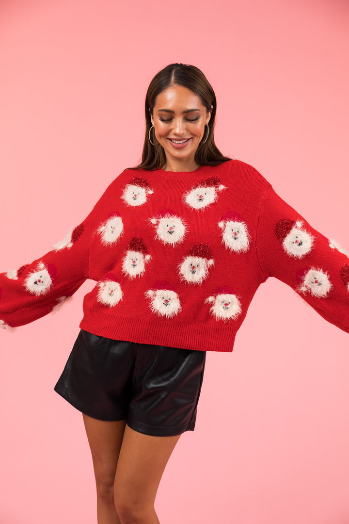 Ruby Bubble Sleeve Sweater with Santa Pattern