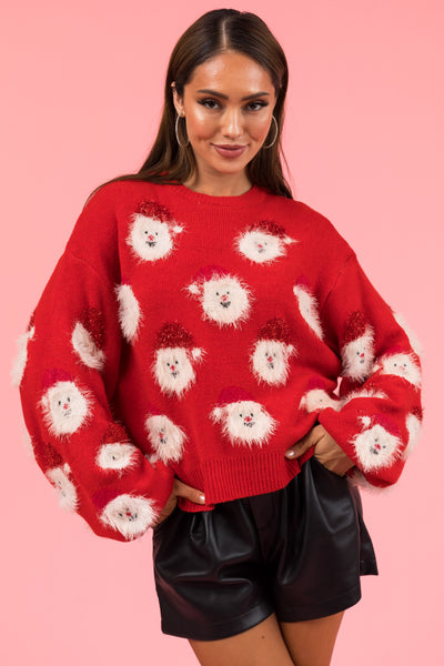 Ruby Bubble Sleeve Sweater with Santa Pattern
