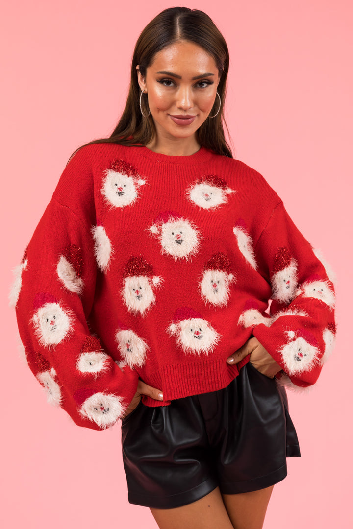 Ruby Bubble Sleeve Sweater with Santa Pattern