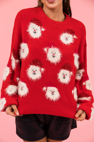 Ruby Bubble Sleeve Sweater with Santa Pattern