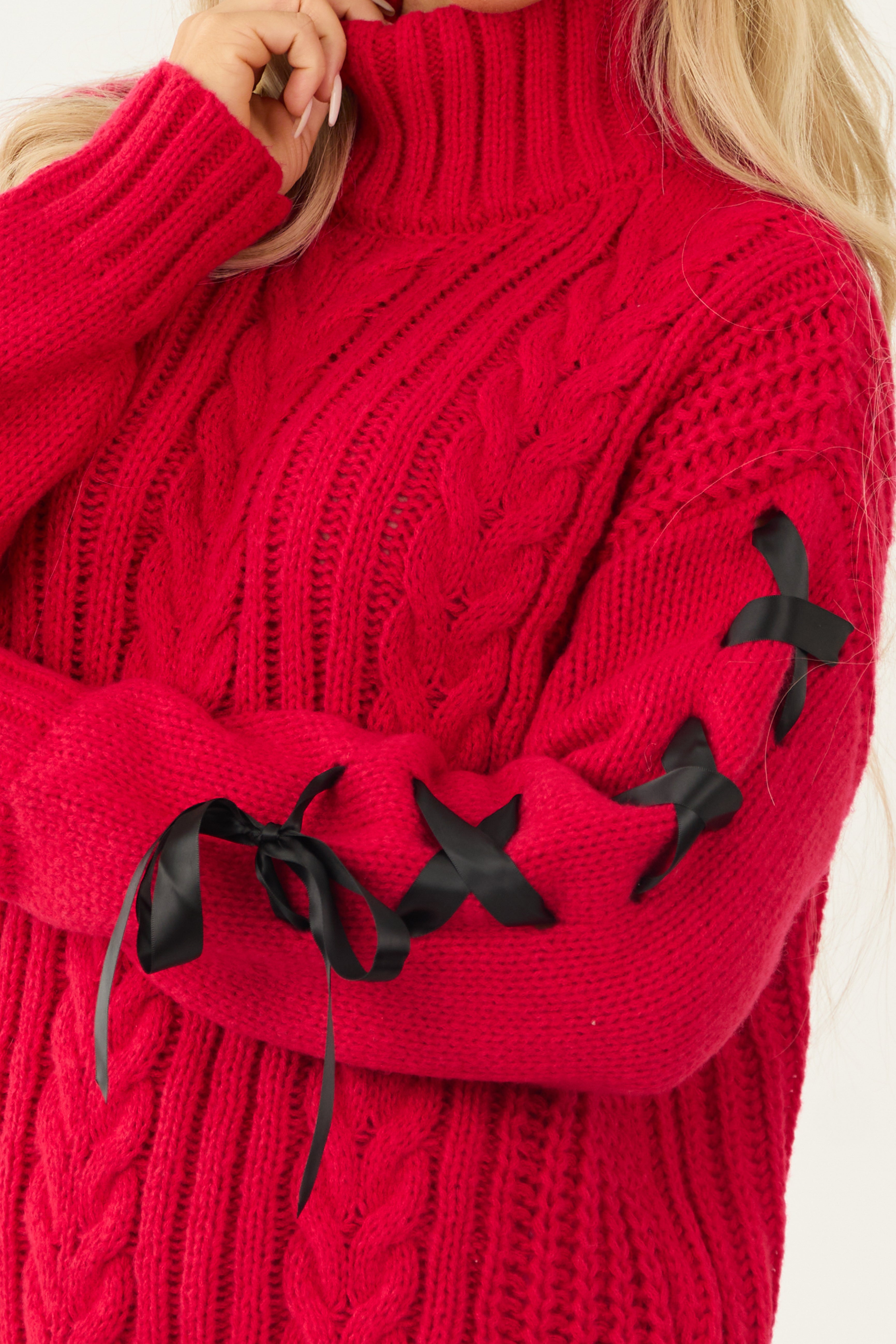 Ruby Cable Knit Ribbon Sleeve Mini Sweater Dress | Lime Lush Boutique