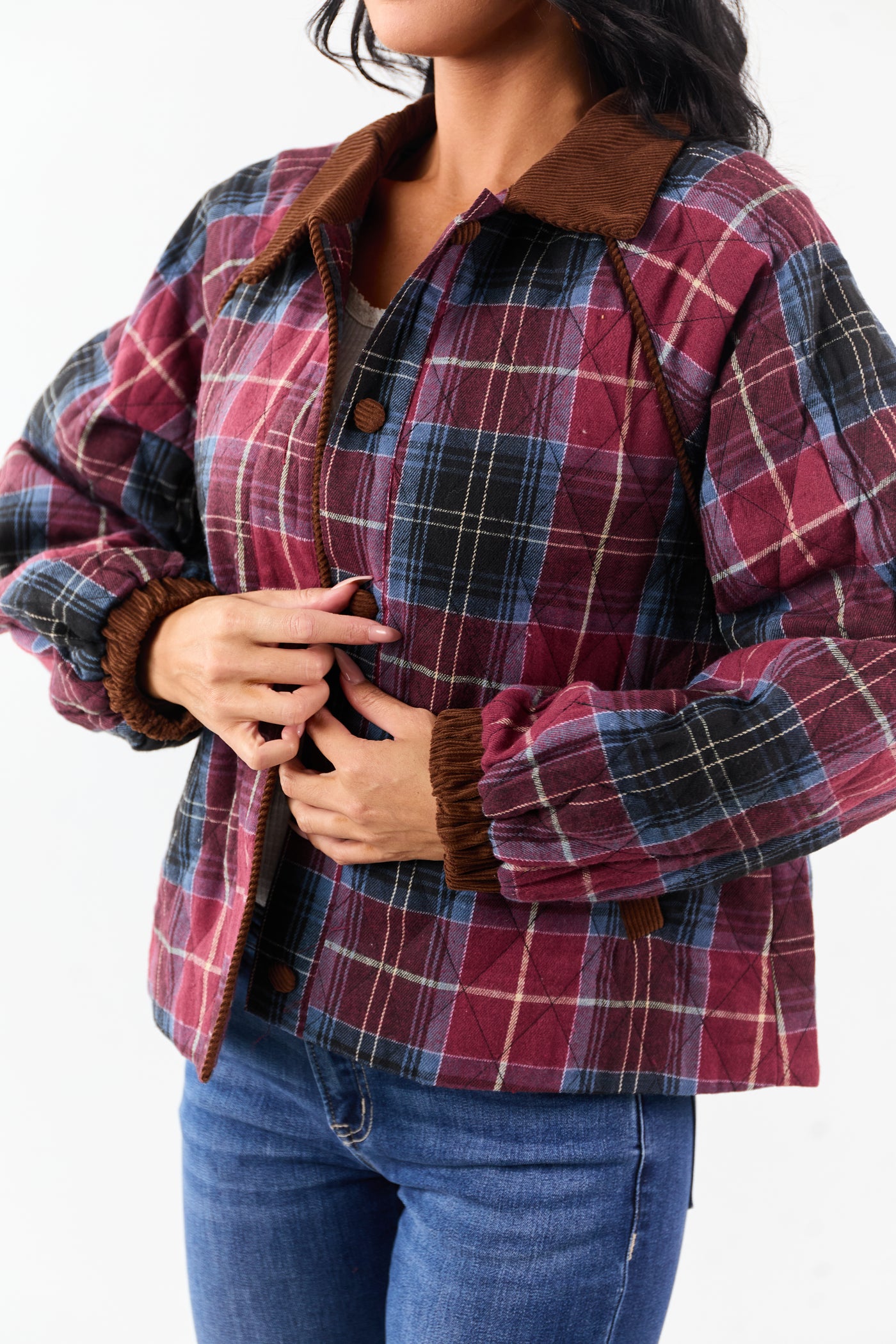 Ruby Cotton Quilted Plaid Contrast Corduroy Jacket