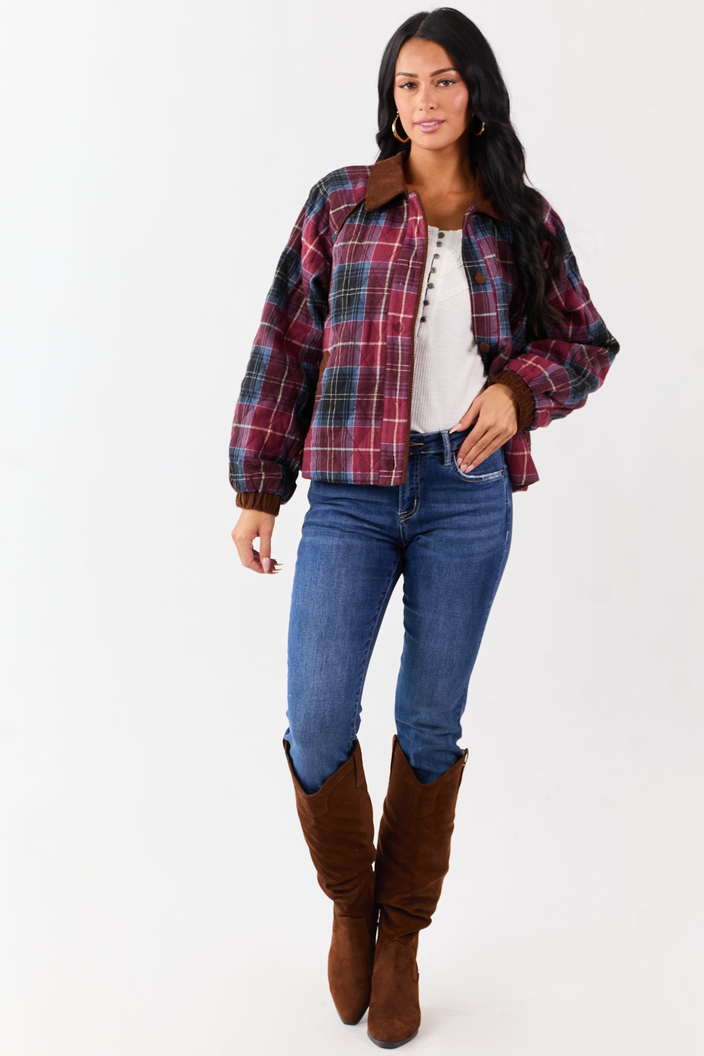 Ruby Cotton Quilted Plaid Contrast Corduroy Jacket