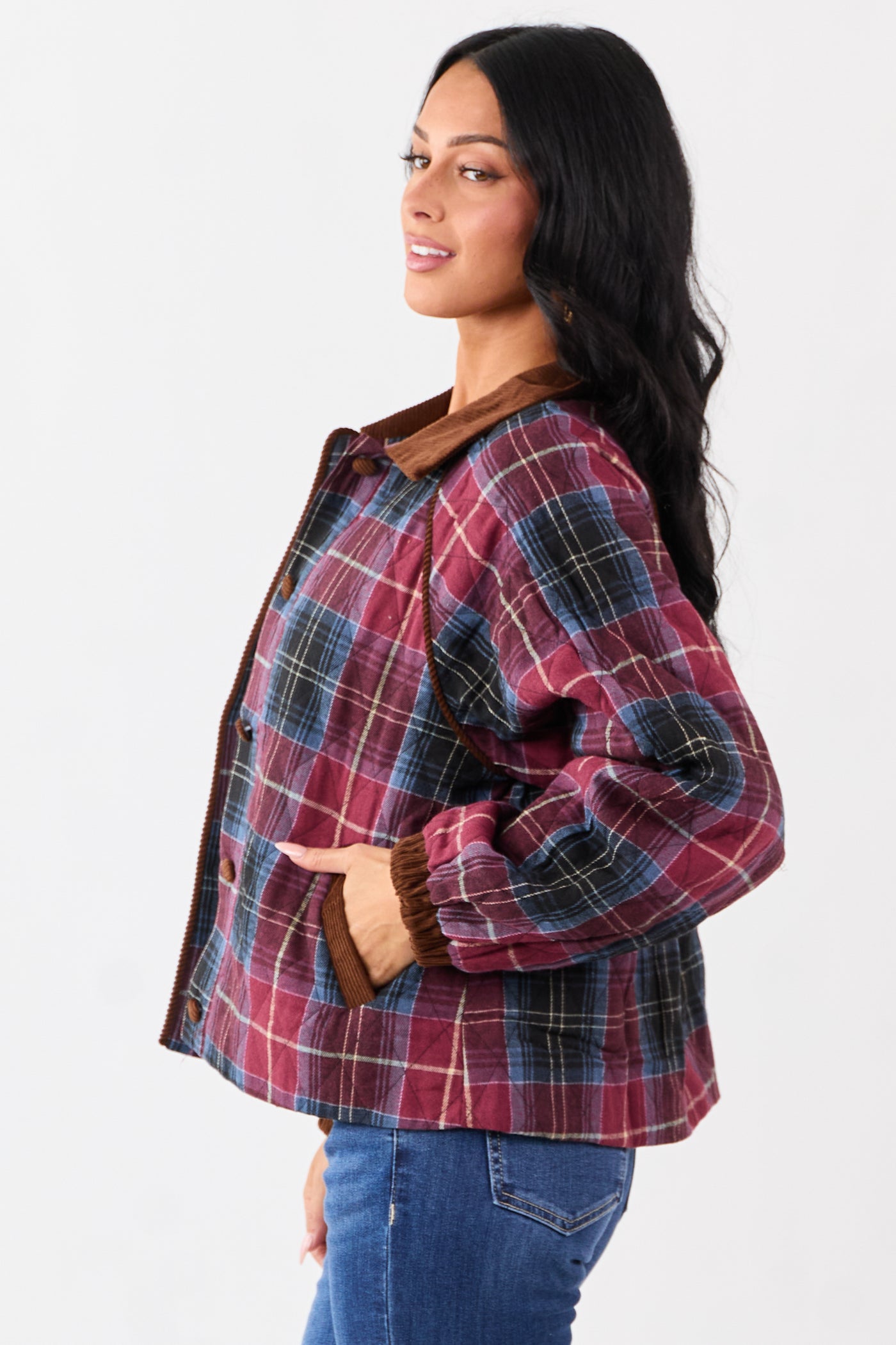 Ruby Cotton Quilted Plaid Contrast Corduroy Jacket