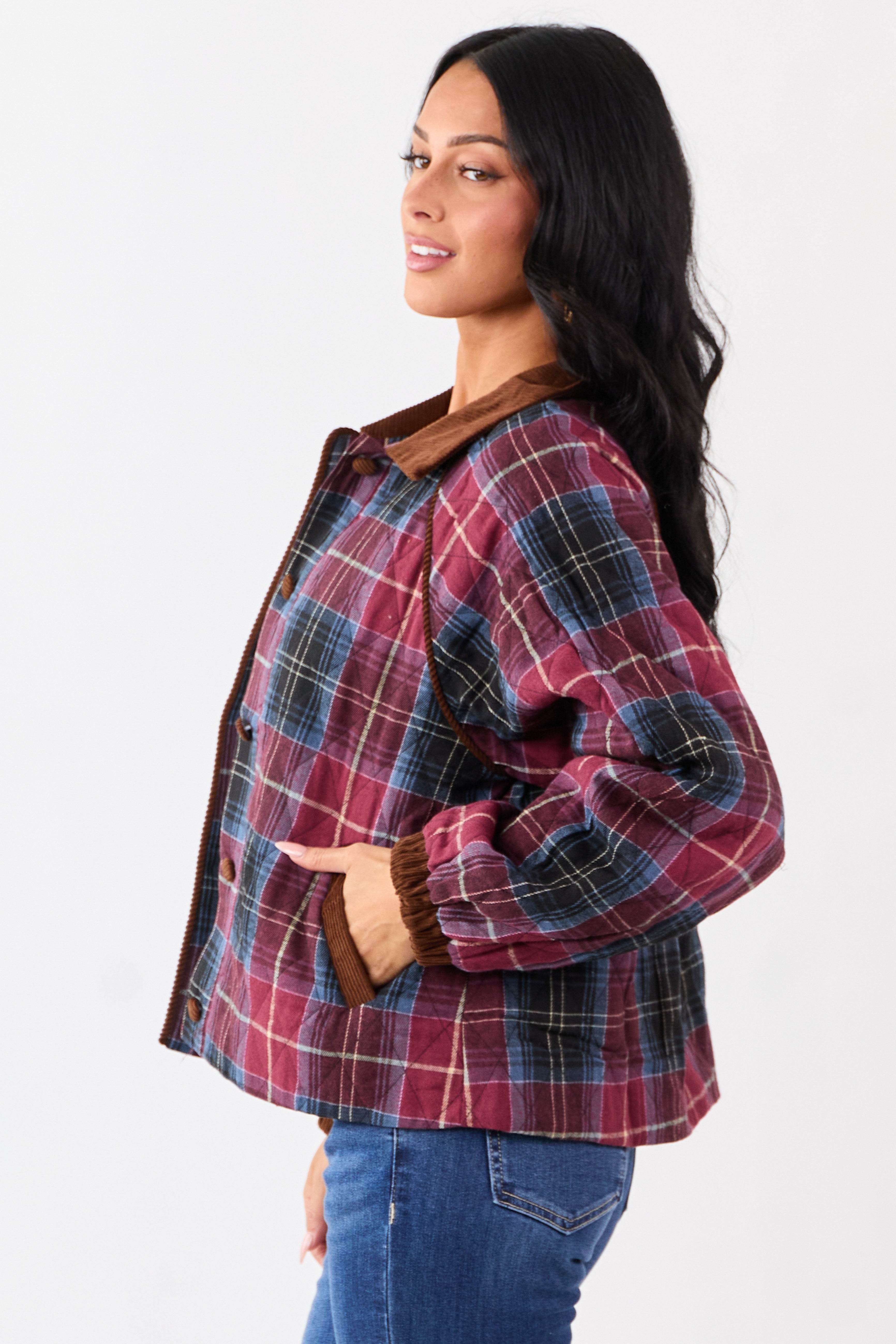 Ruby Cotton Quilted Plaid Contrast Corduroy Jacket