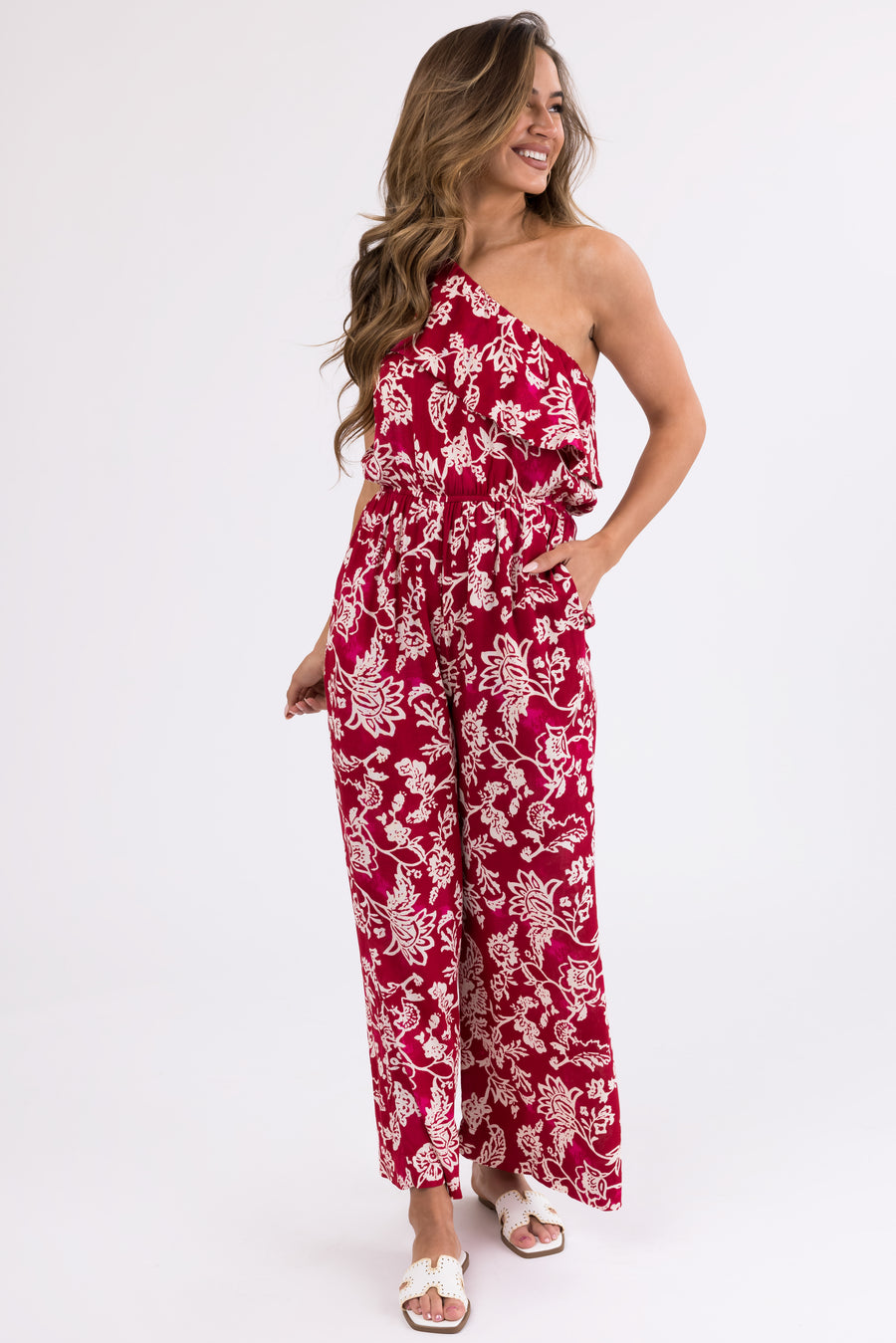 Ruby Floral Print One Shoulder Ruffle Jumpsuit