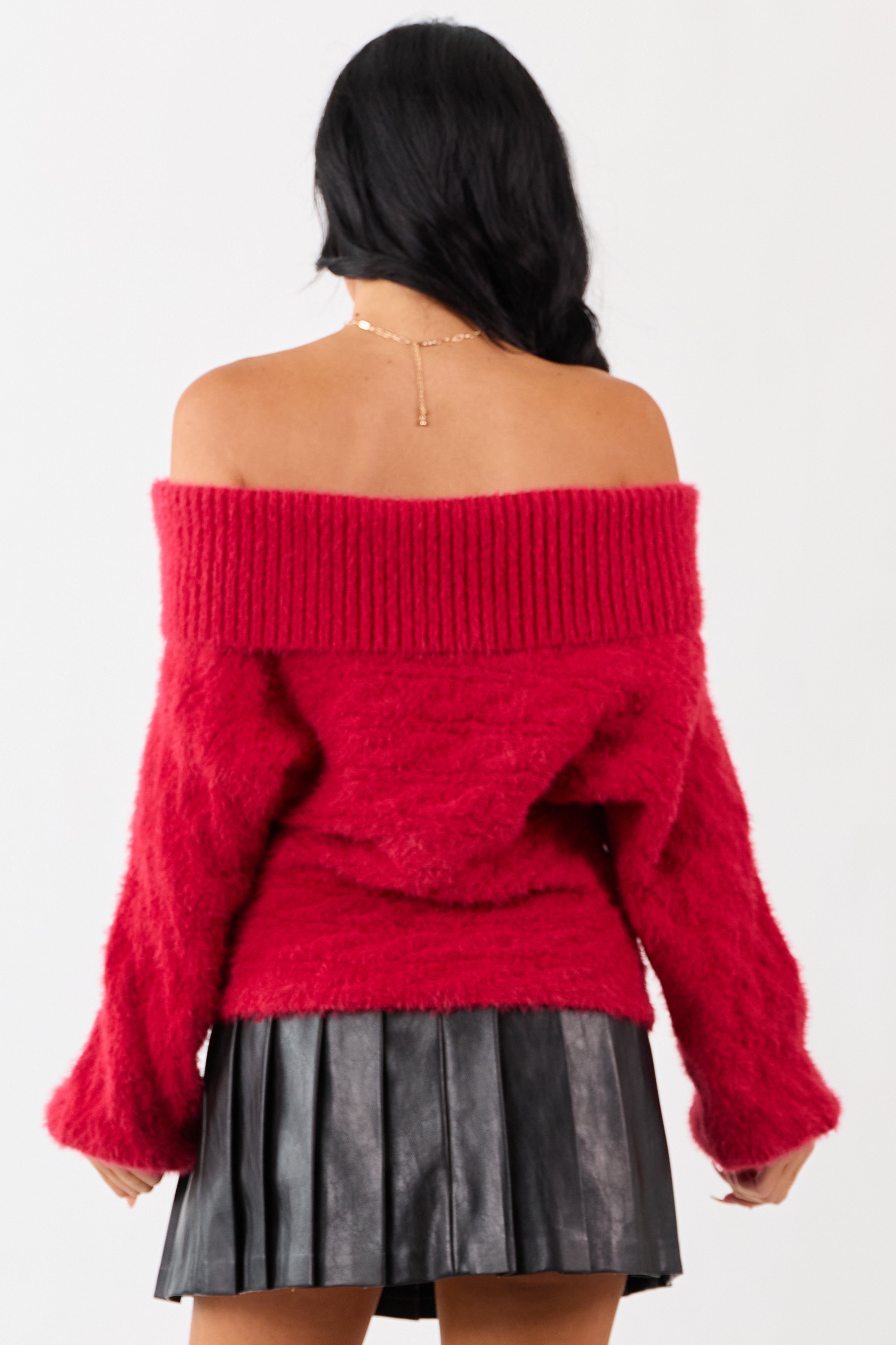 Ruby Fold Over Off Shoulder Eyelash Knit Sweater