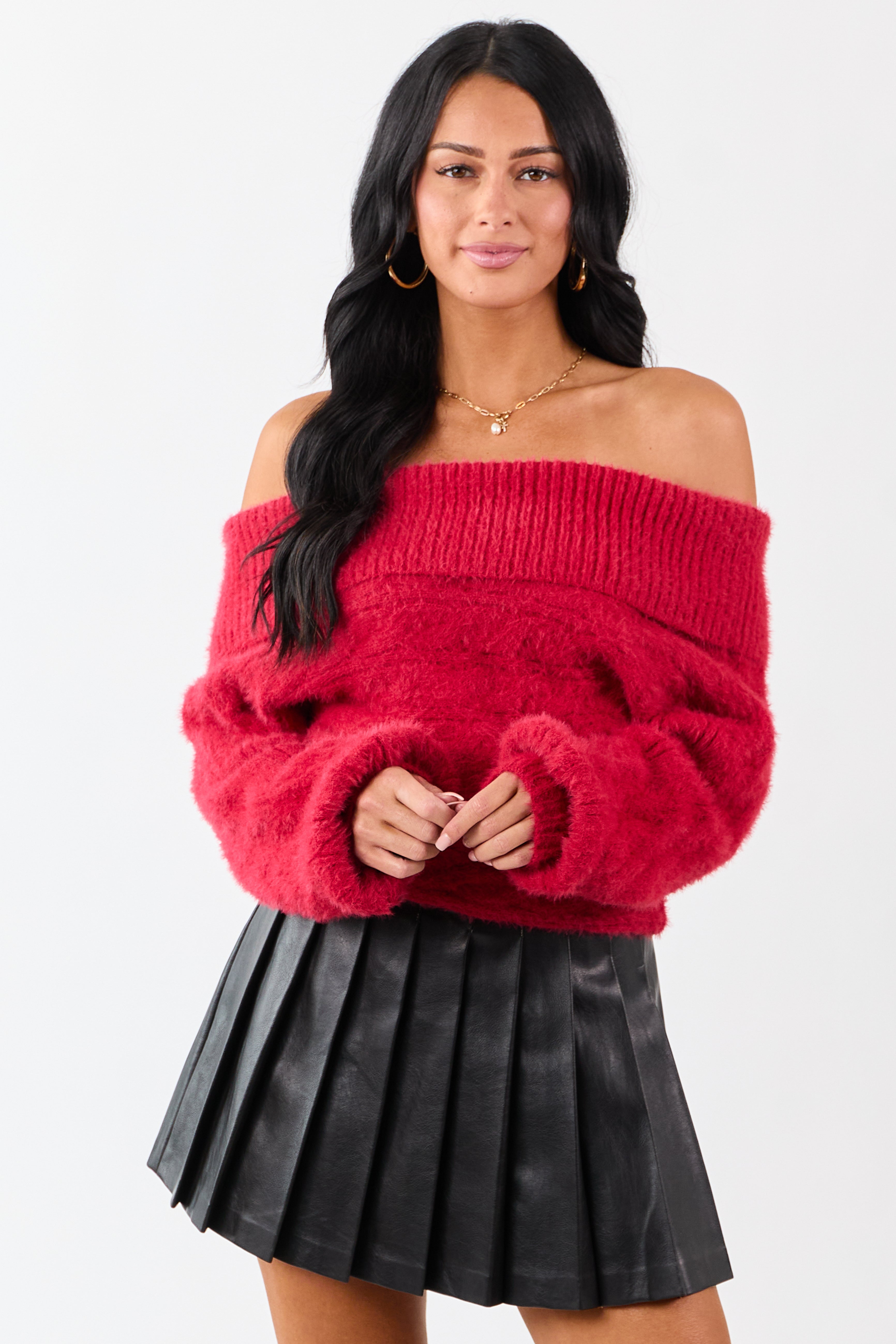 Ruby Fold Over Off Shoulder Eyelash Knit Sweater