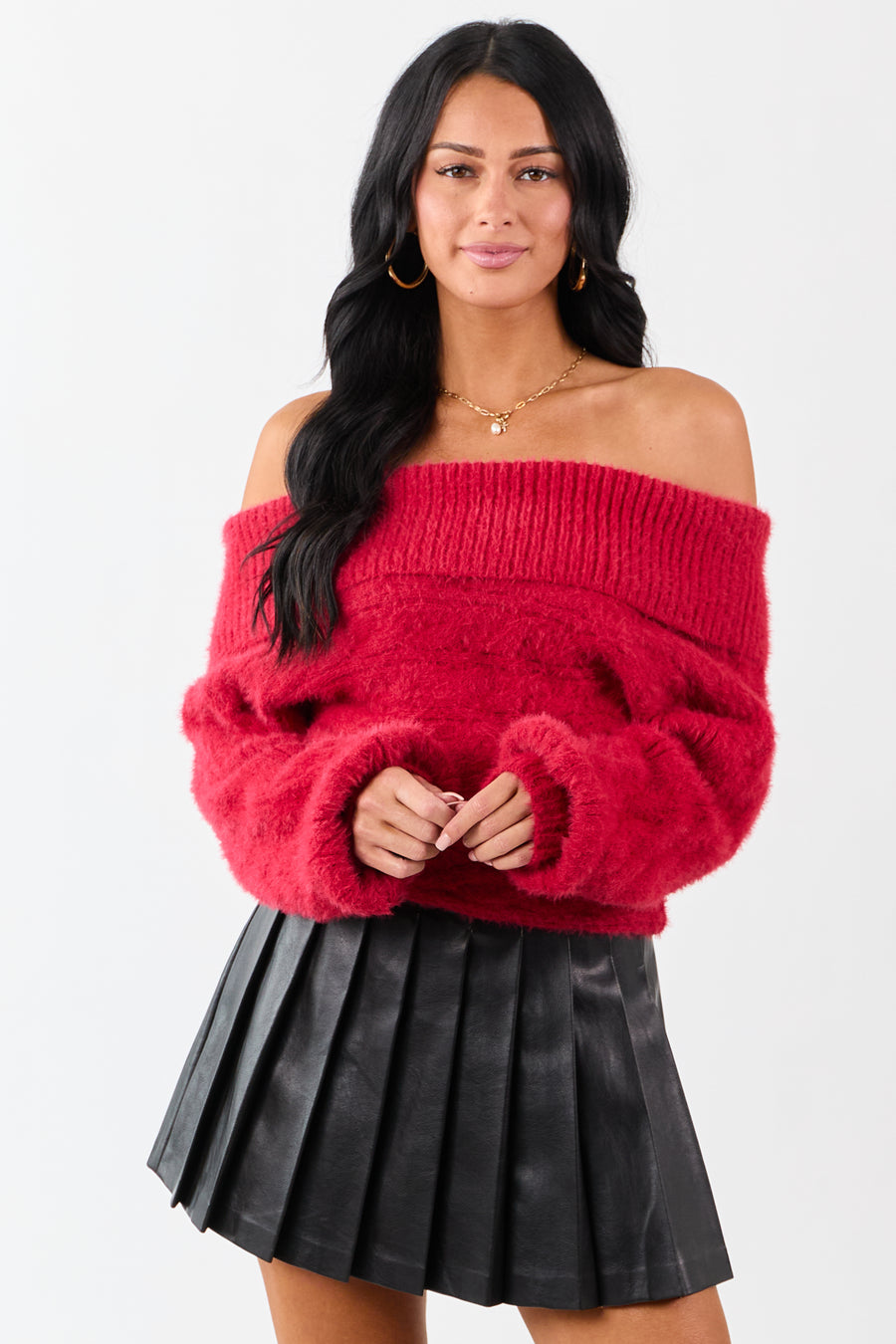 Ruby Fold Over Off Shoulder Eyelash Knit Sweater