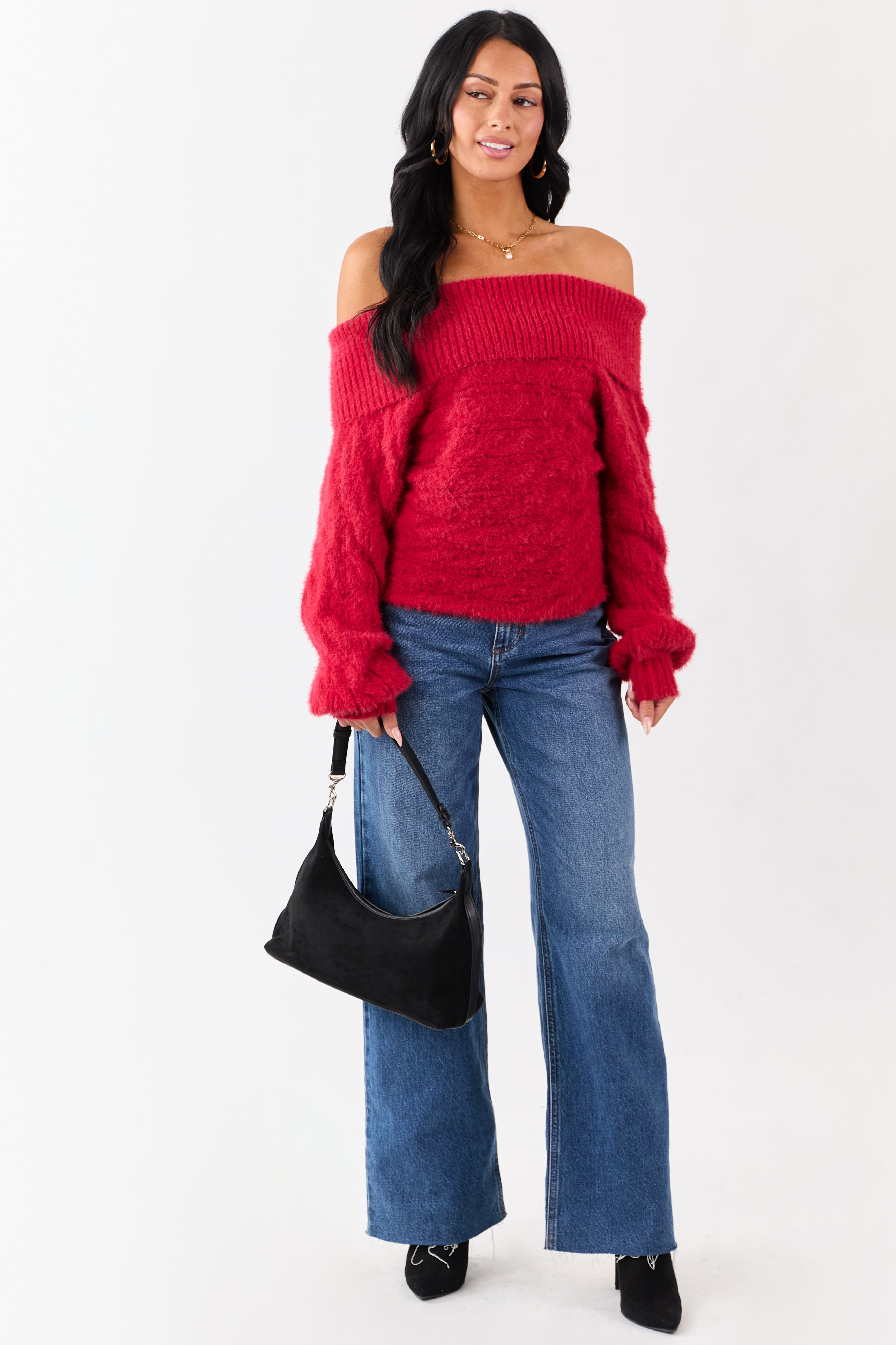 Ruby Fold Over Off Shoulder Eyelash Knit Sweater