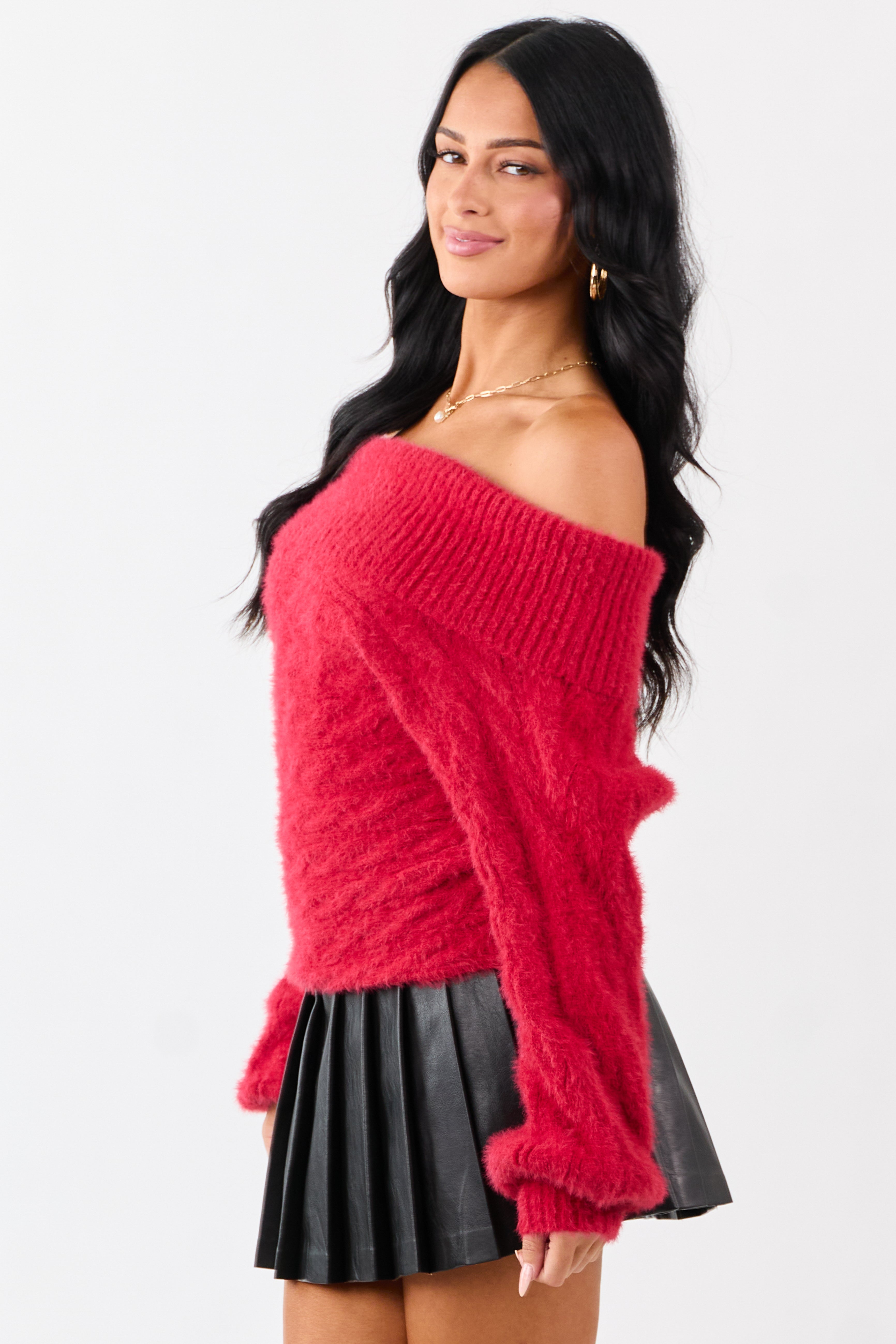 Ruby Fold Over Off Shoulder Eyelash Knit Sweater