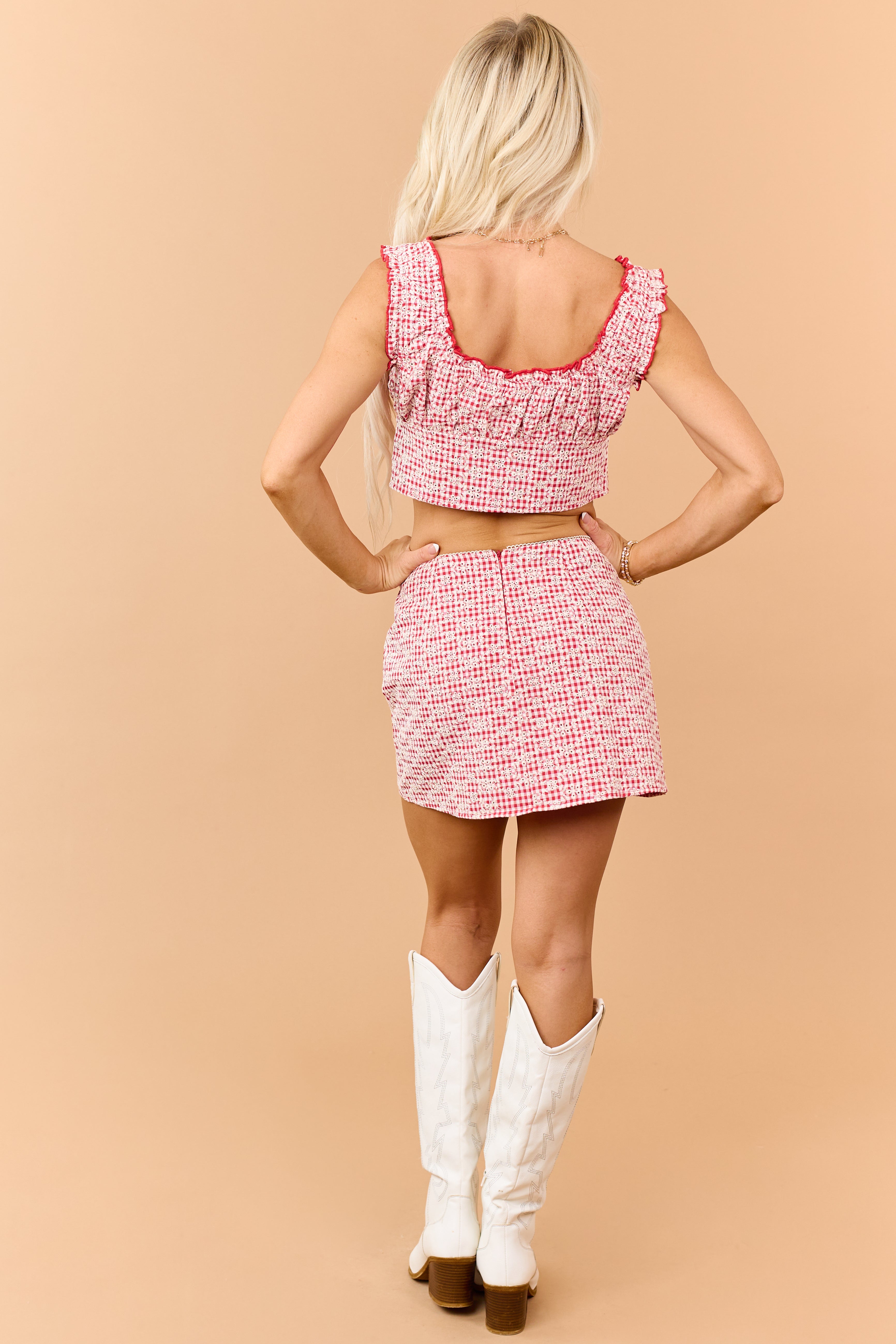Ruby Gingham Embroidered Tank Top and Skirt Set