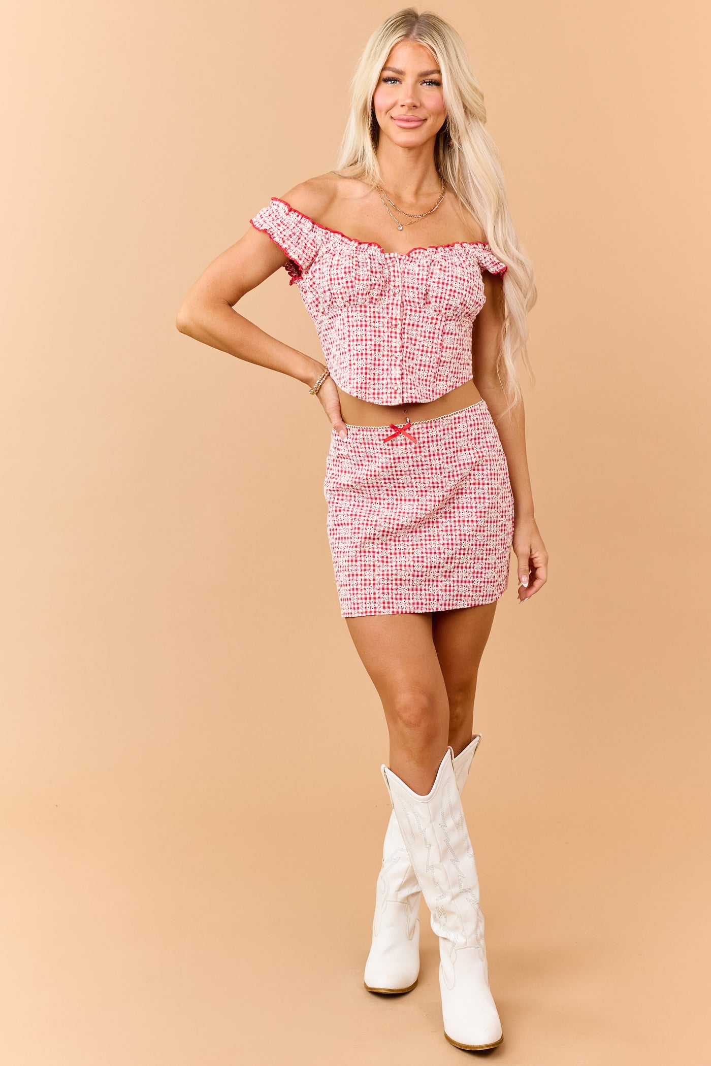 Ruby Gingham Embroidered Tank Top and Skirt Set